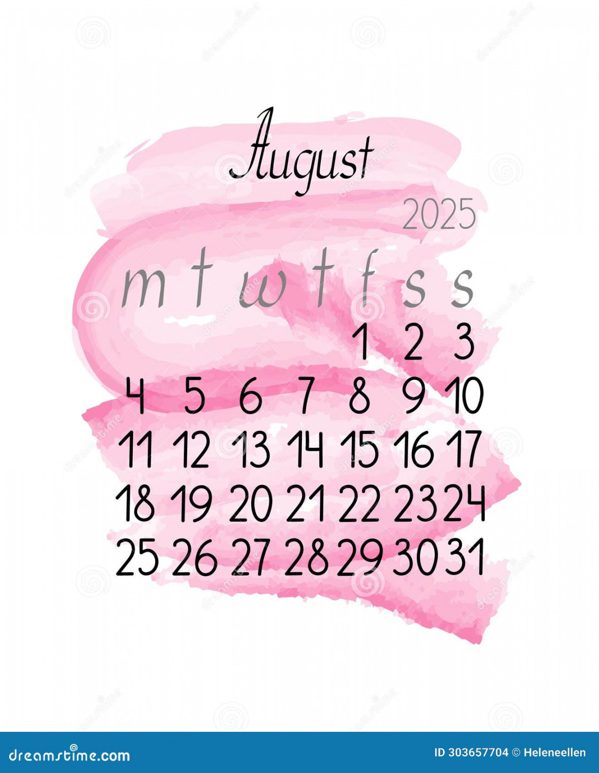 Calendar Monthly Template for August  in Simple Minimalist