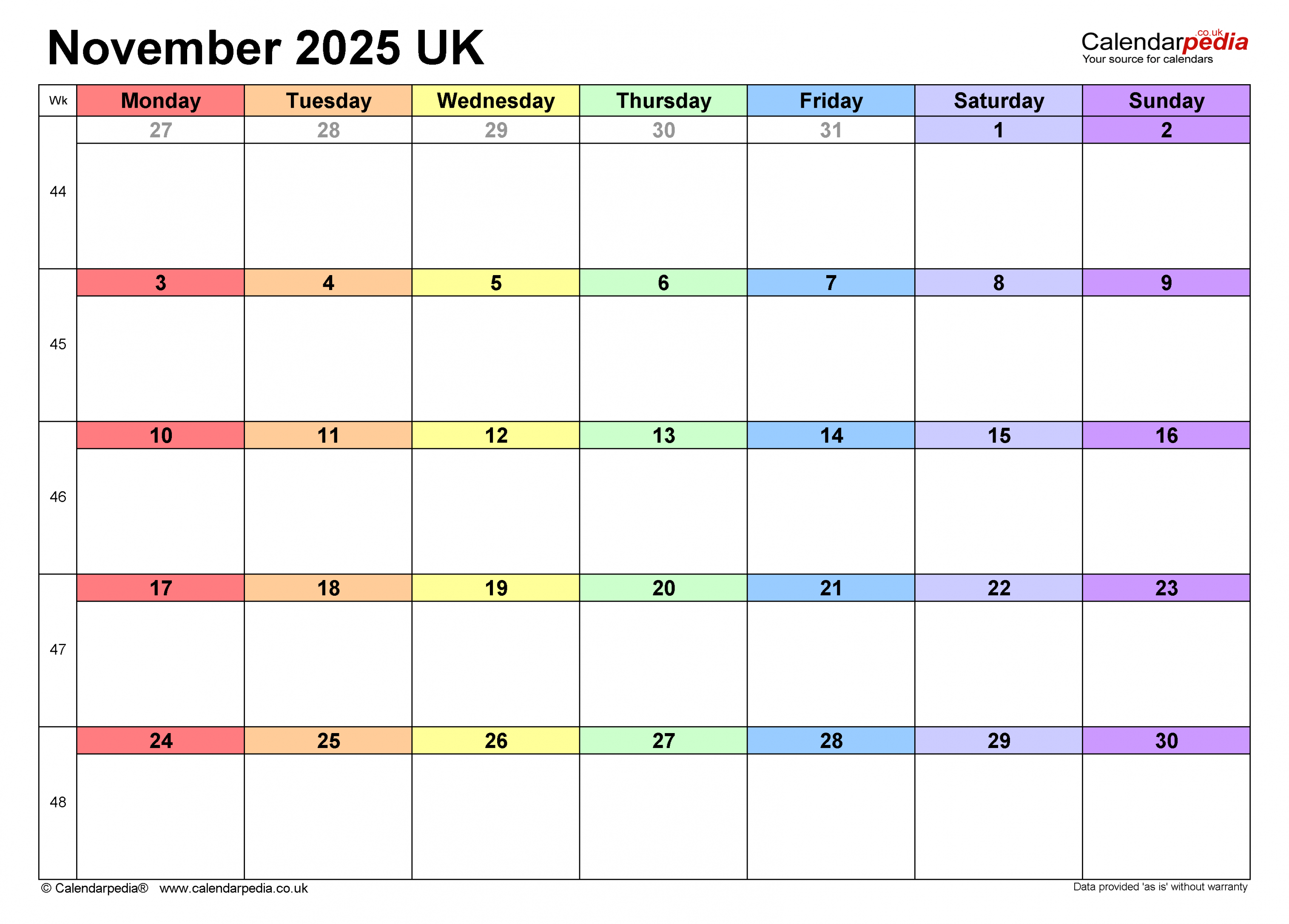 Calendar November  UK with Excel, Word and PDF templates