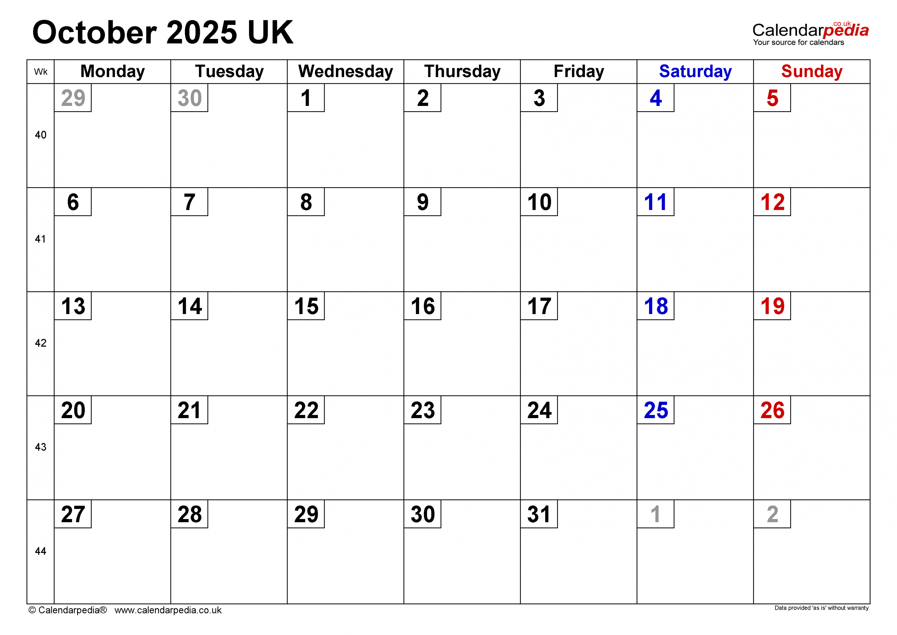 Calendar October  UK with Excel, Word and PDF templates