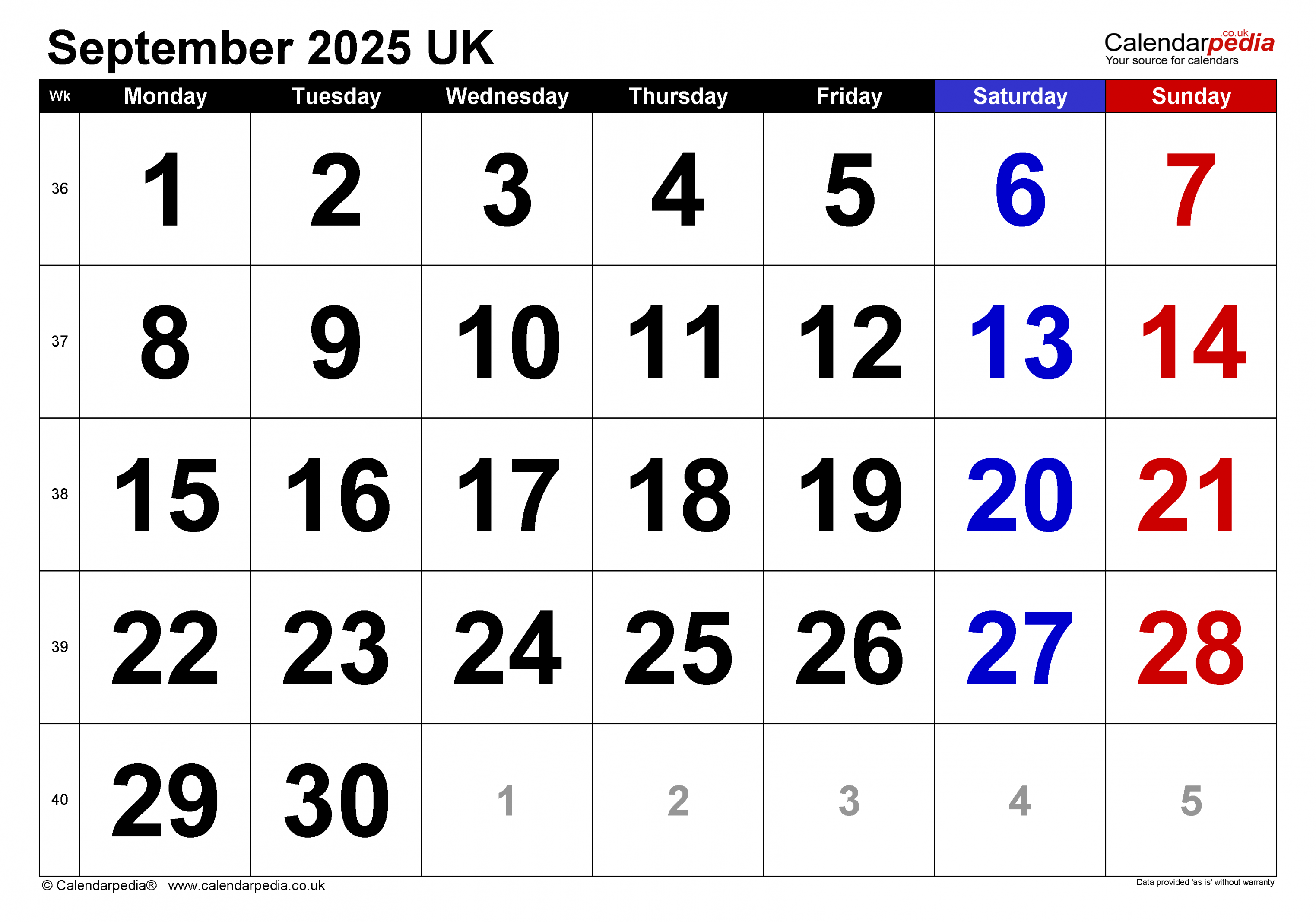 Calendar September  UK with Excel, Word and PDF templates