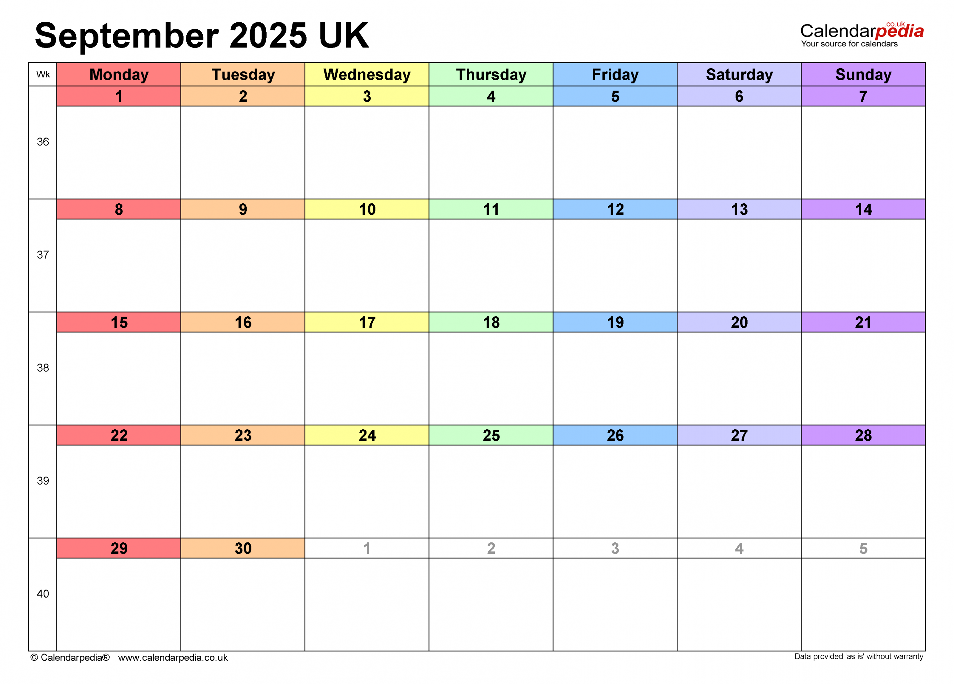 Calendar September  UK with Excel, Word and PDF templates