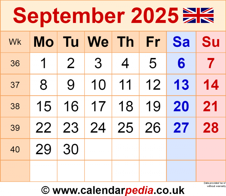 Calendar September  UK with Excel, Word and PDF templates