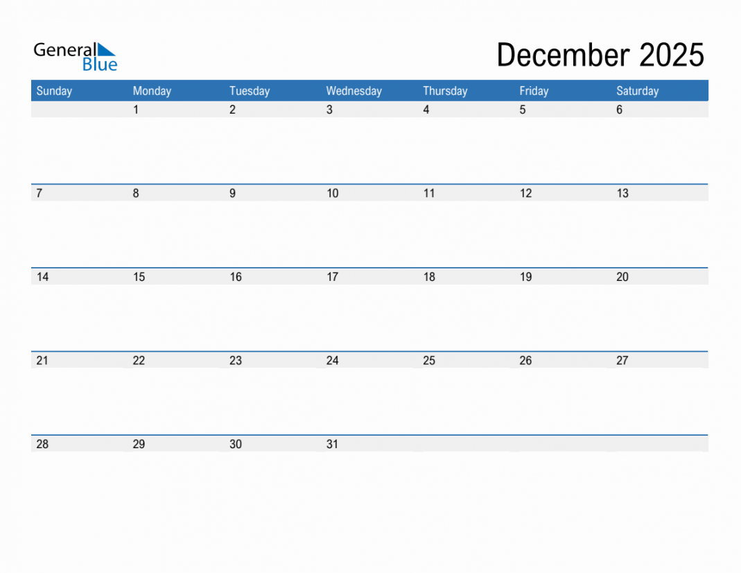 December  Monthly Calendar (PDF, Word, Excel)