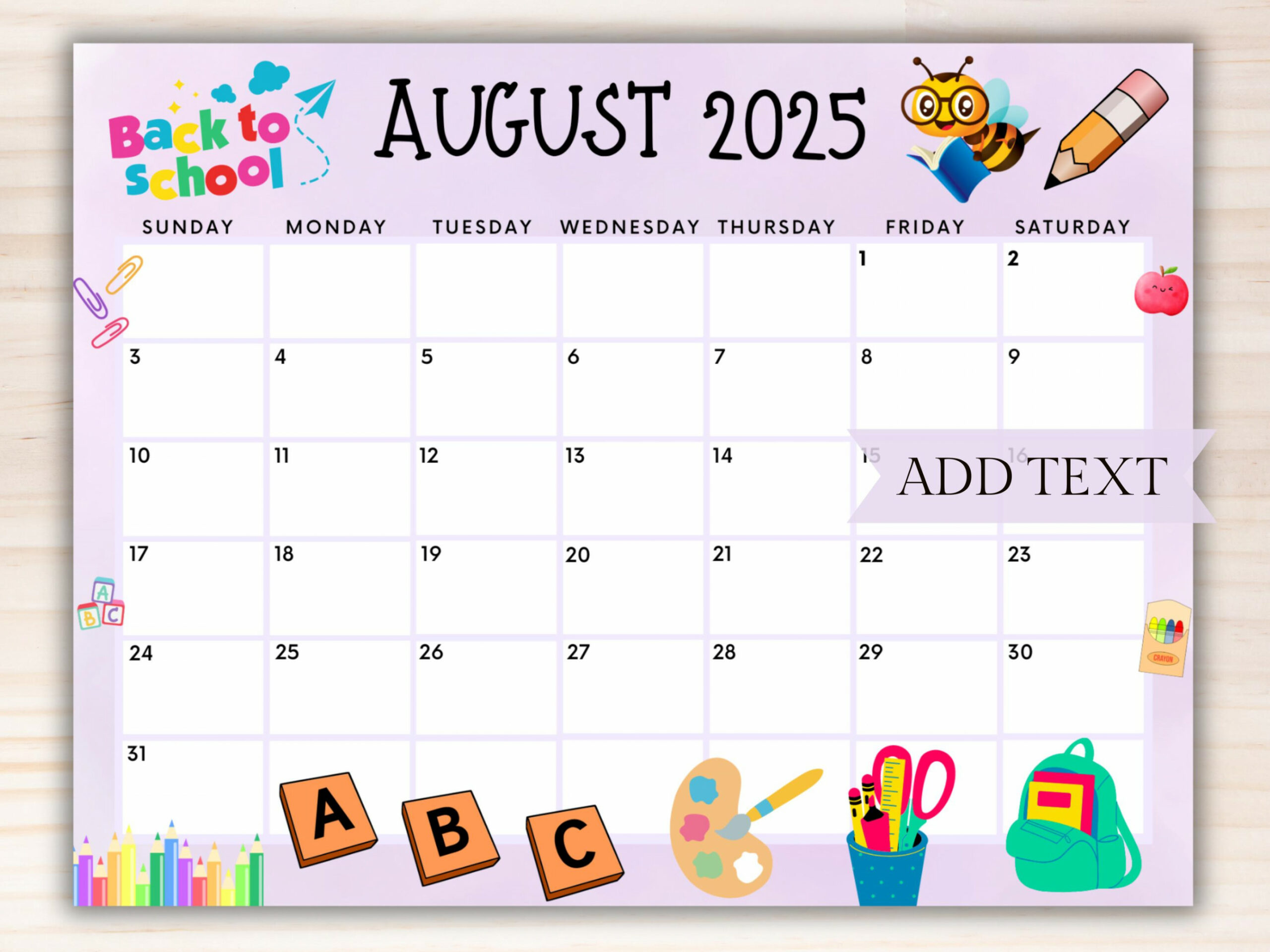 Editable August  Calendar, Printable Back to School Calendar