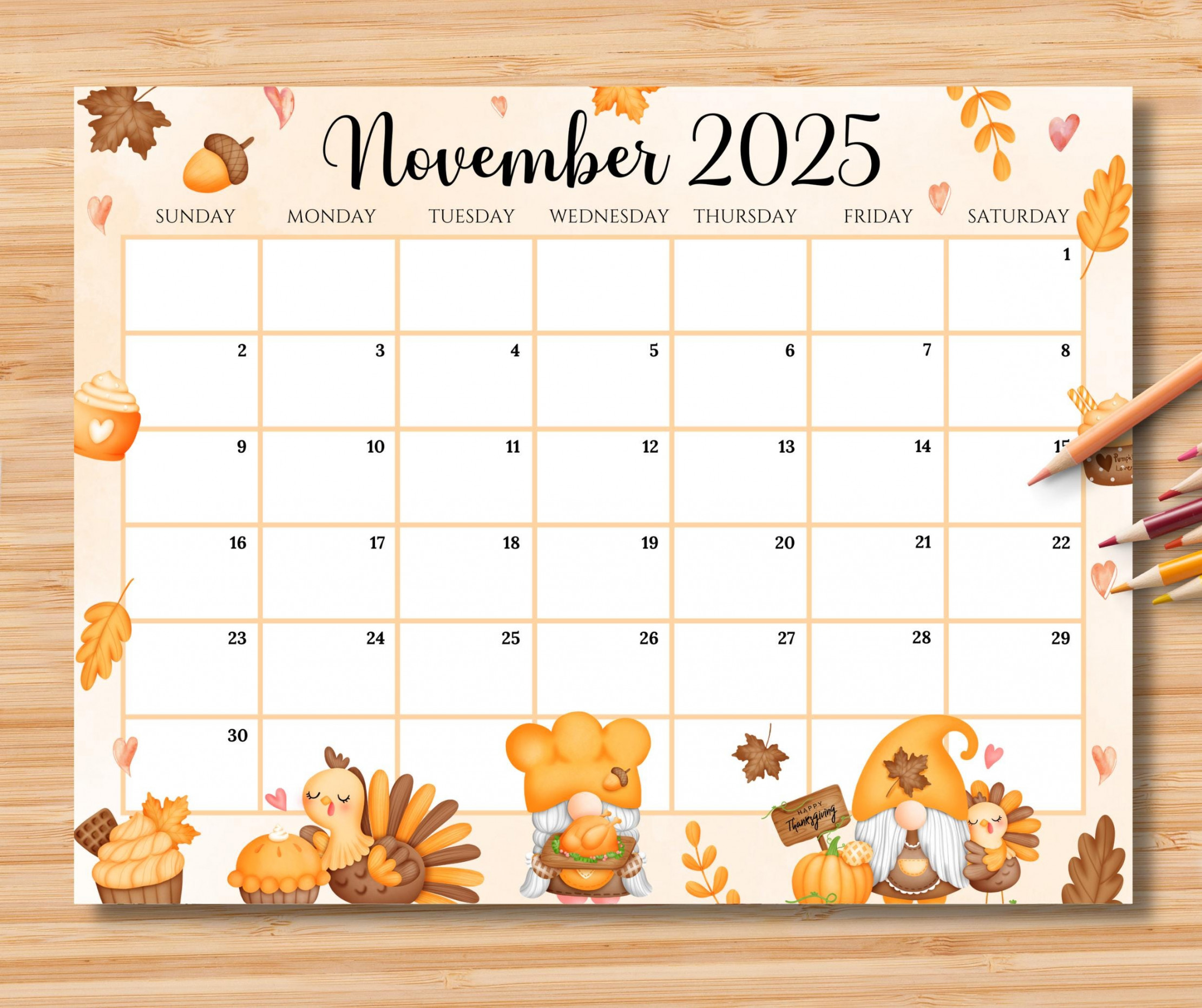 EDITABLE November  Calendar, Happy Thanksgiving With Cute