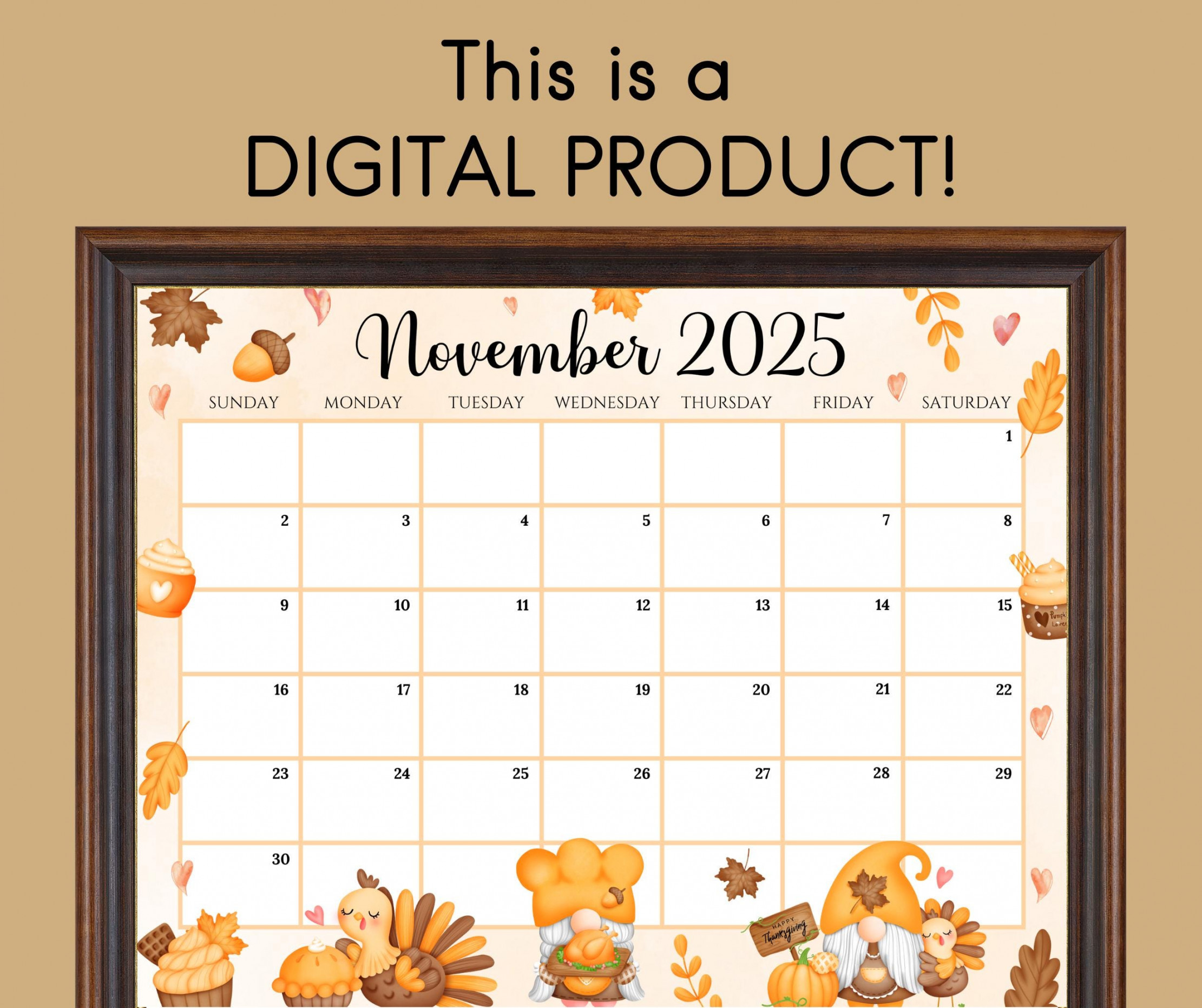 EDITABLE November  Calendar, Happy Thanksgiving With Cute