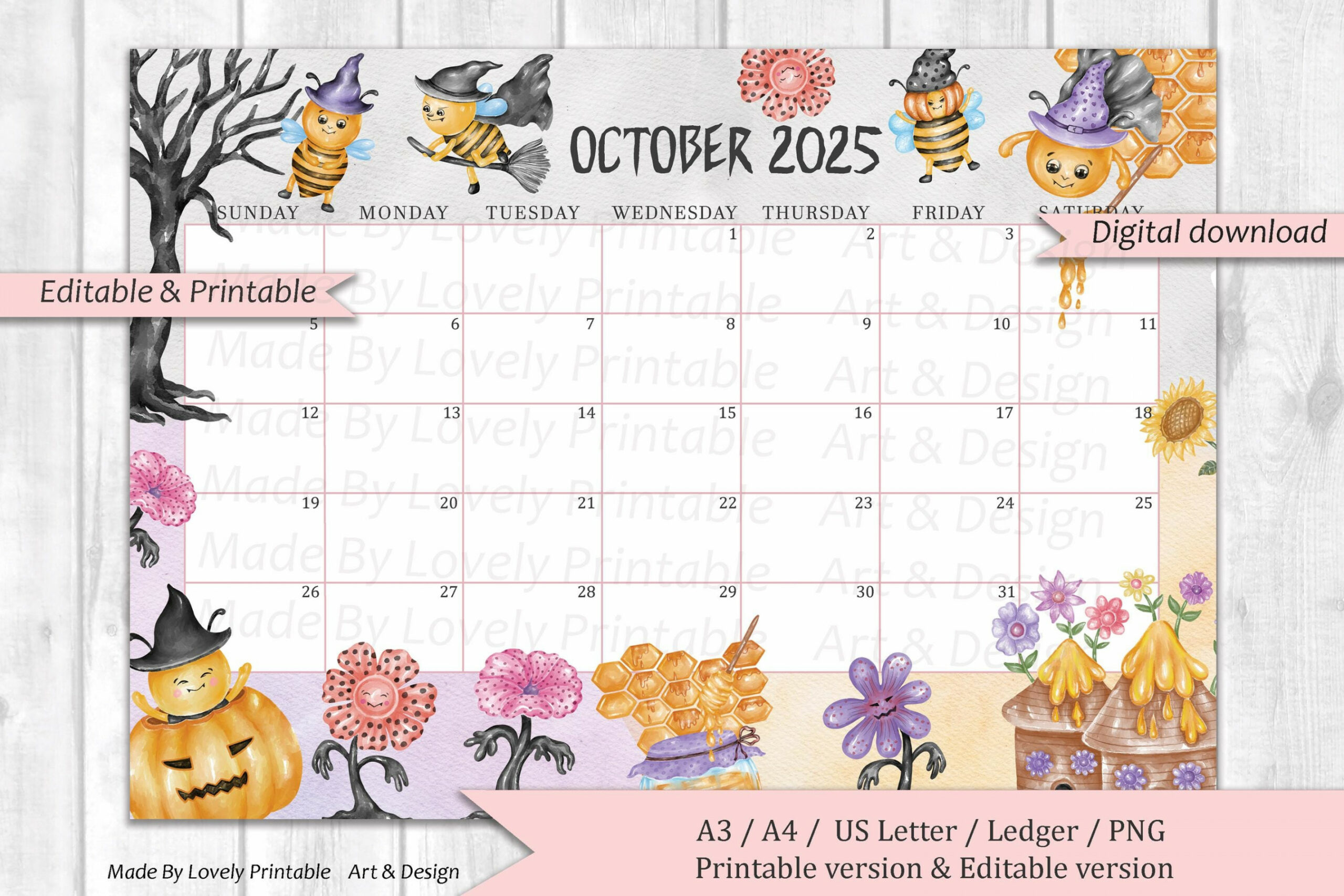 EDITABLE October  Calendar, Happy Halloween With Cute Bees