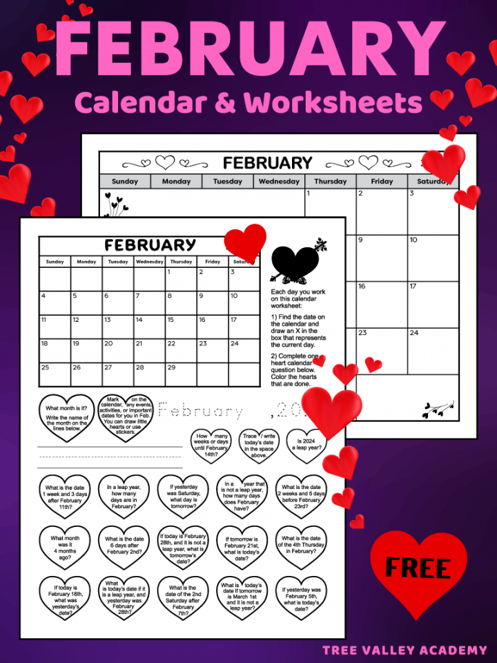 February  Printable Calendar Worksheet for Grade  &