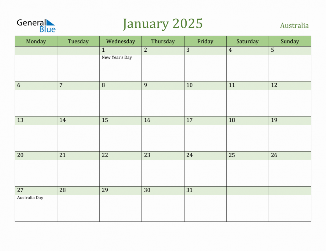 Fillable Holiday Calendar for Australia - January