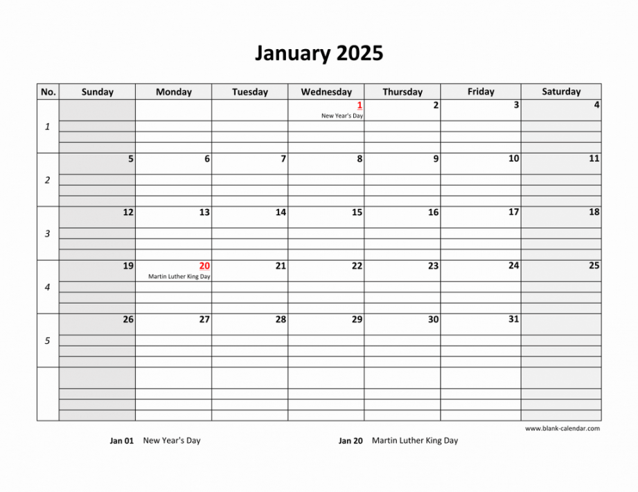 Free Download Printable January  Calendar, large box grid