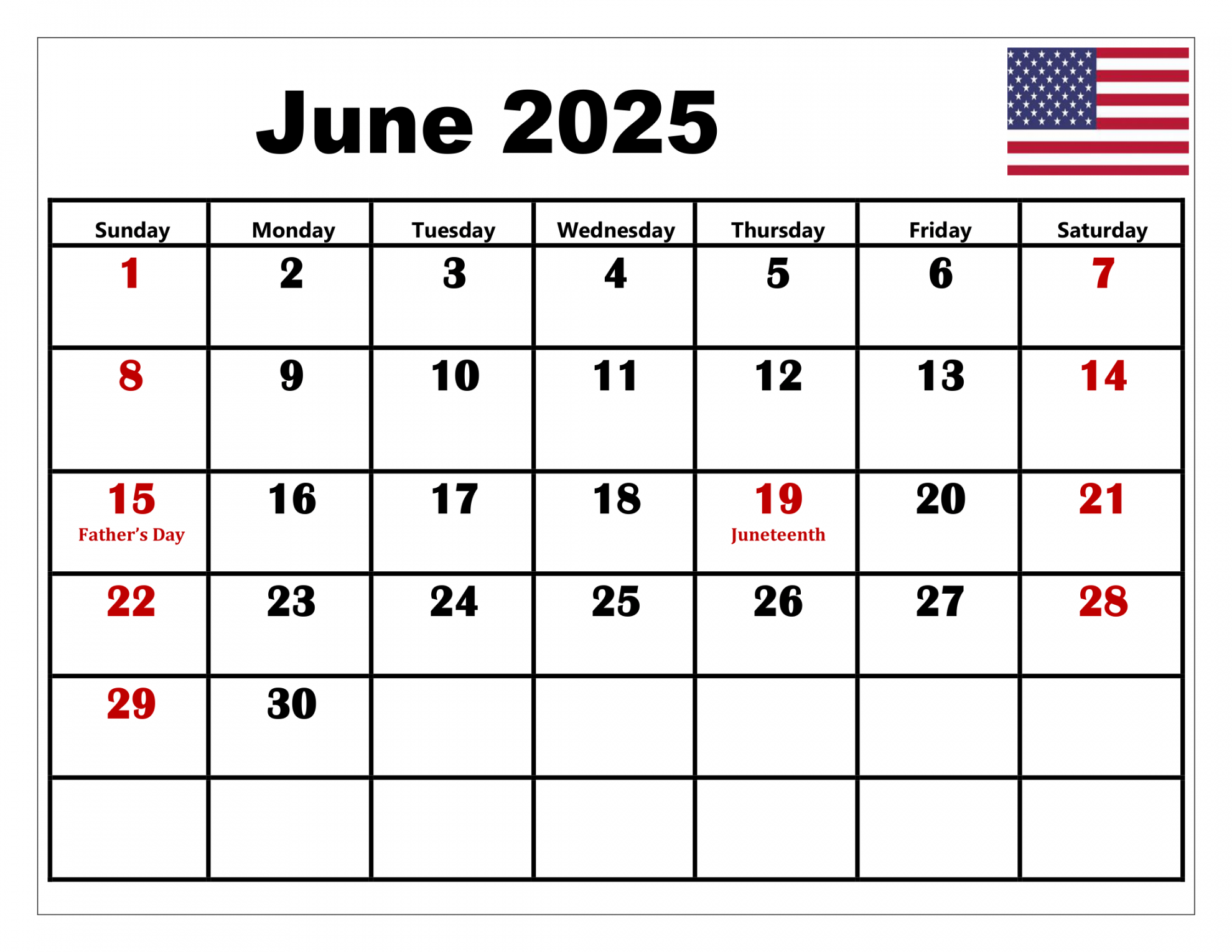 Free June  Calendar Printable PDF Template with Holidays