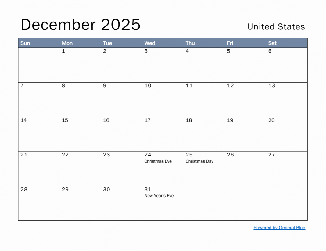 Free Monthly Calendar Template for December  with United