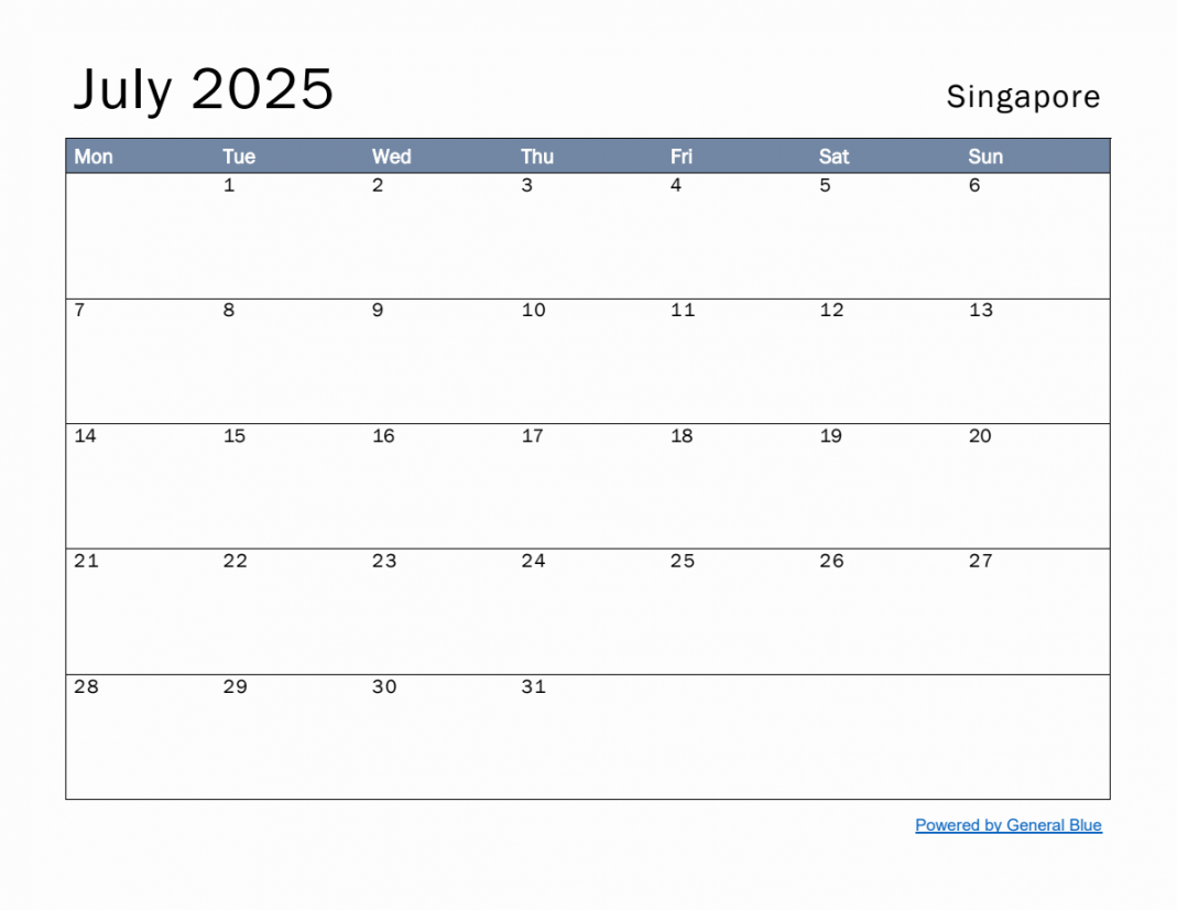 Free Monthly Calendar Template for July  with Singapore Holidays