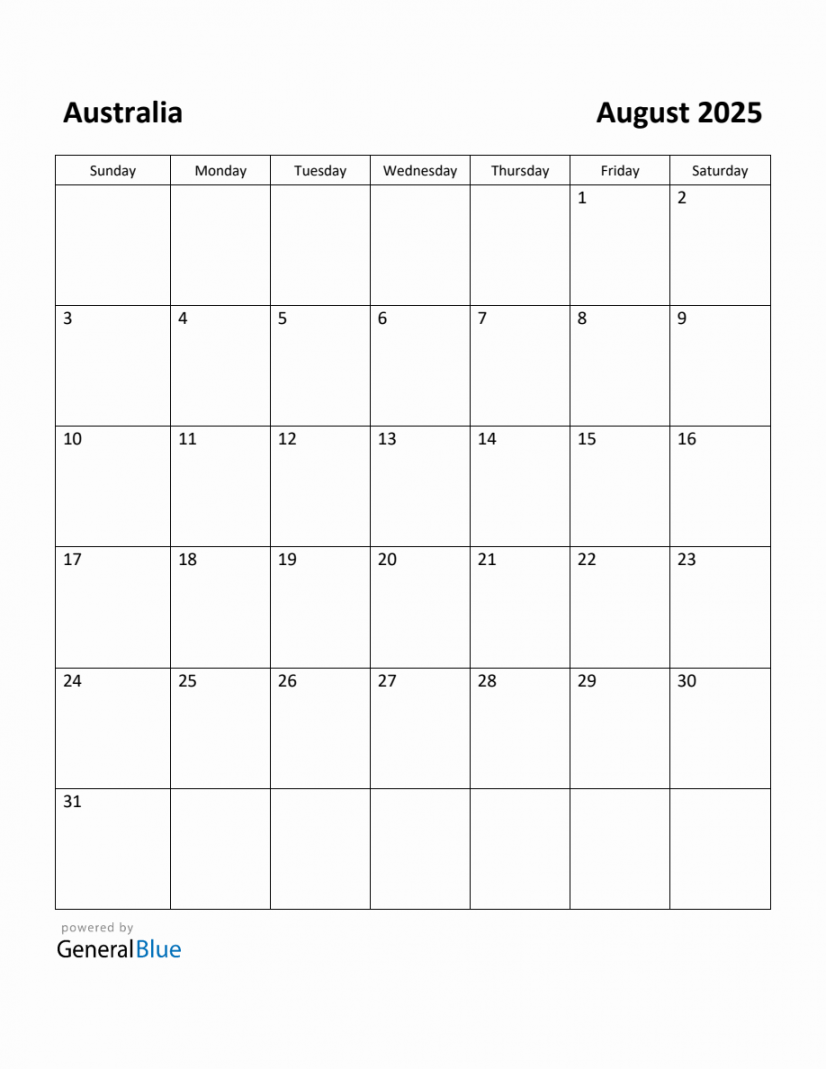 Free Printable August  Calendar for Australia