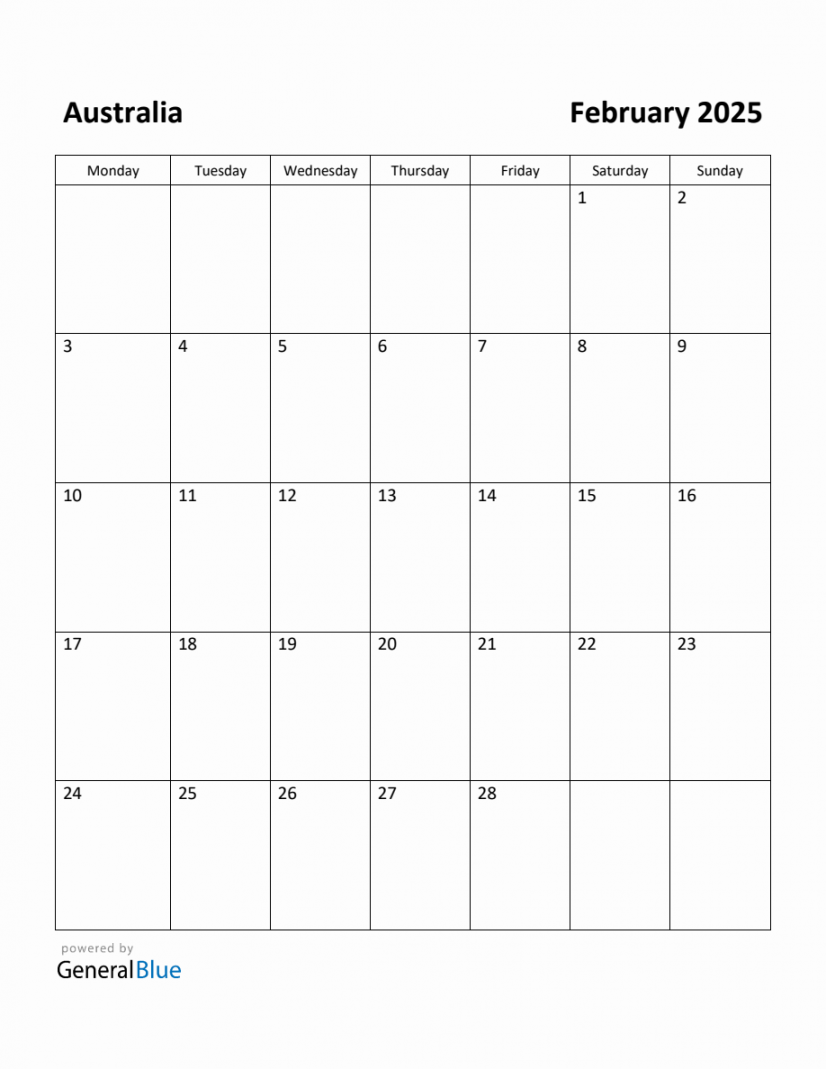 Free Printable February  Calendar for Australia