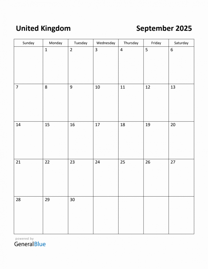 Free Printable September  Calendar for United Kingdom