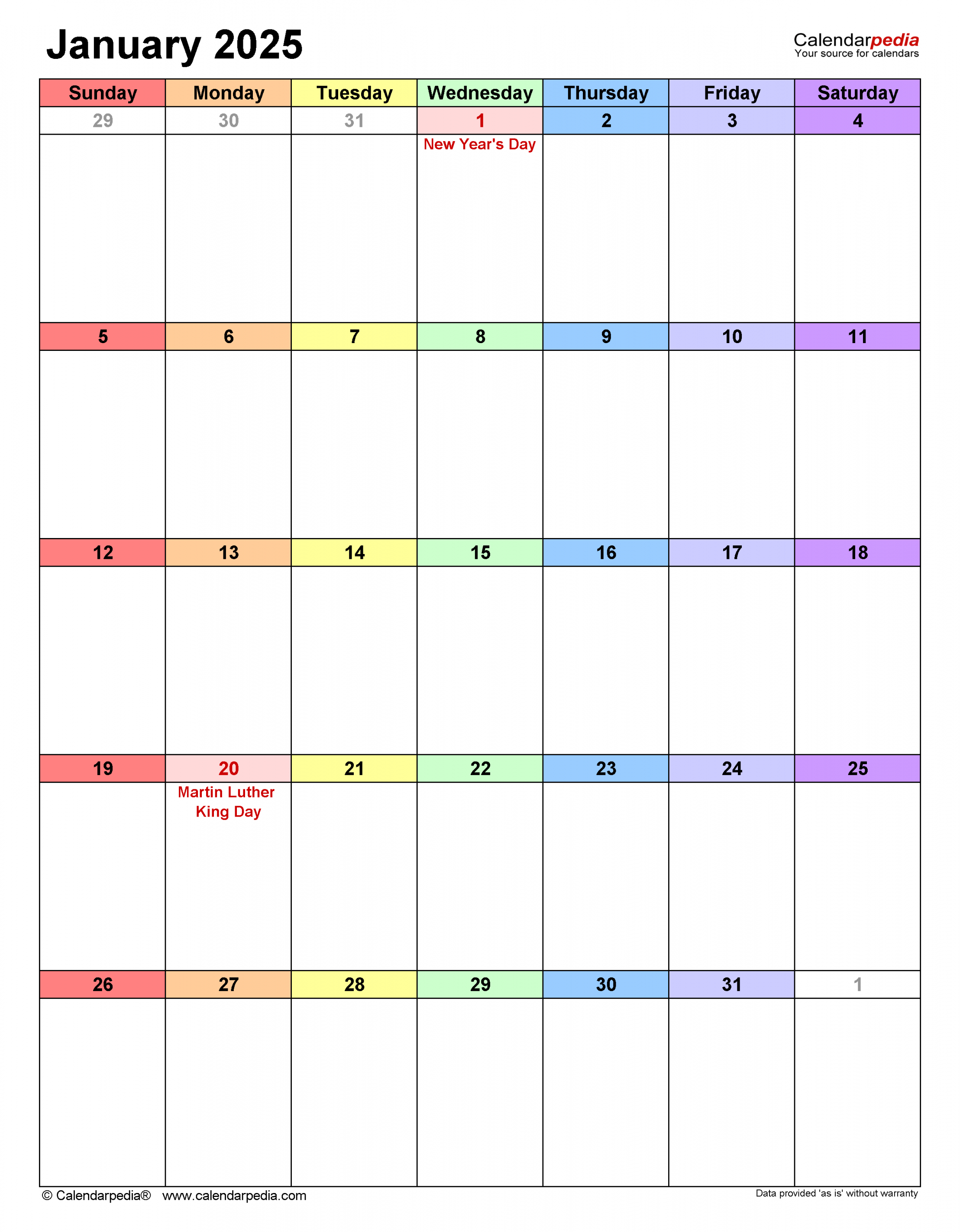 January  Calendar  Templates for Word, Excel and PDF