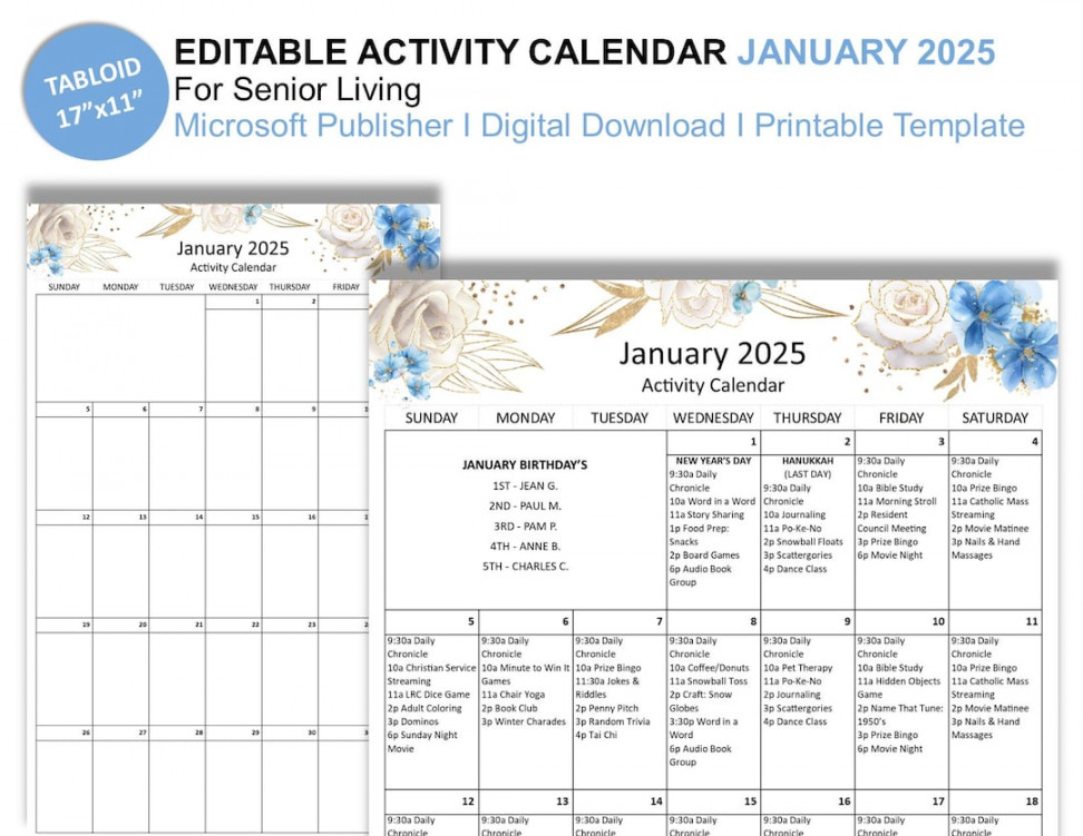 January  Editable Monthly Activities Calendar for Senior Living Tabloid  Size  X  Publisher Format - Etsy