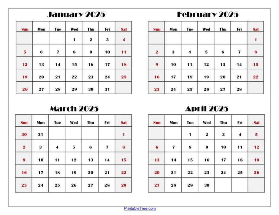 January to April  Calendar Printable PDF  Four Months Calendar