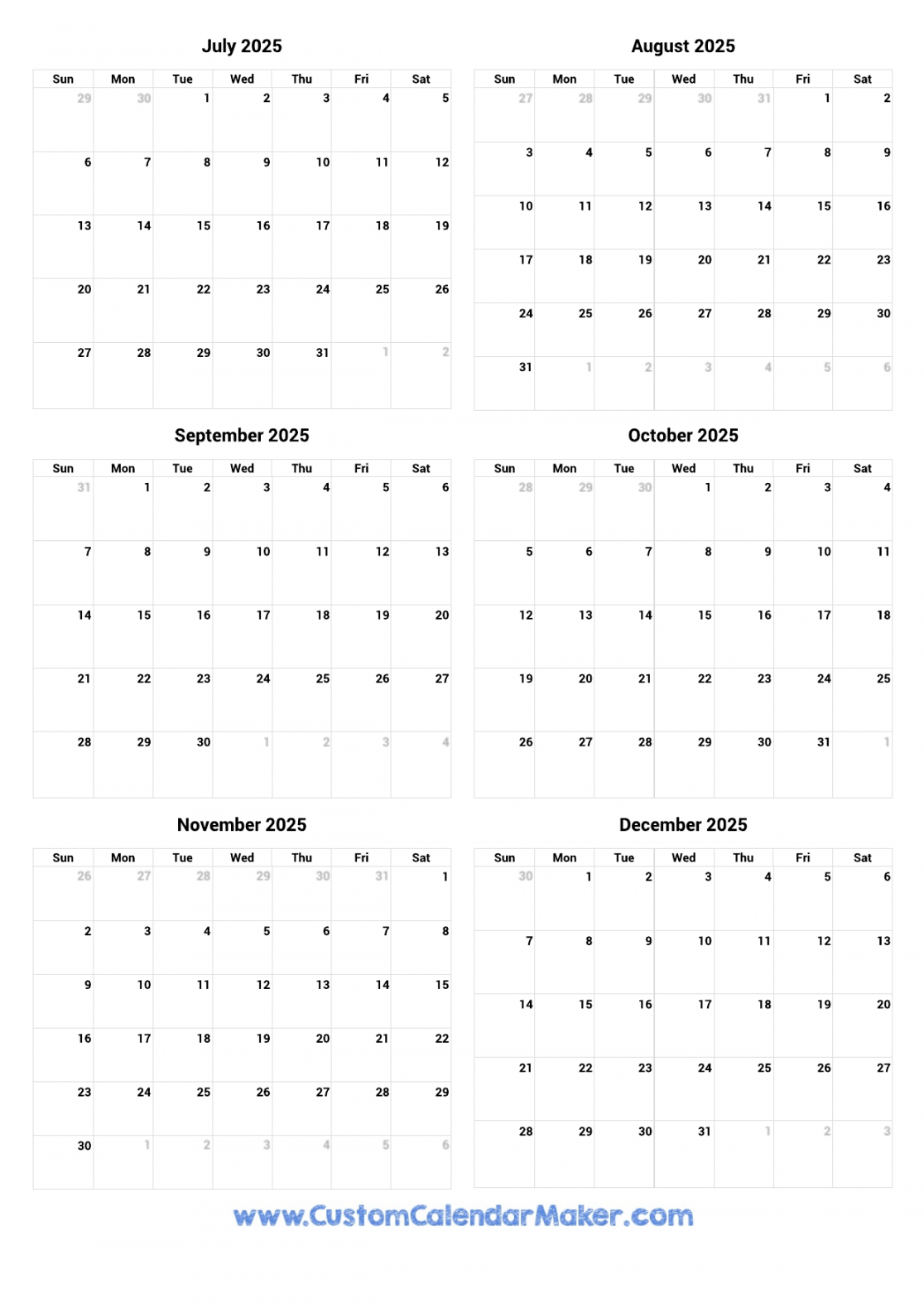 July to December  Printable Calendar  Custom Calendar Maker