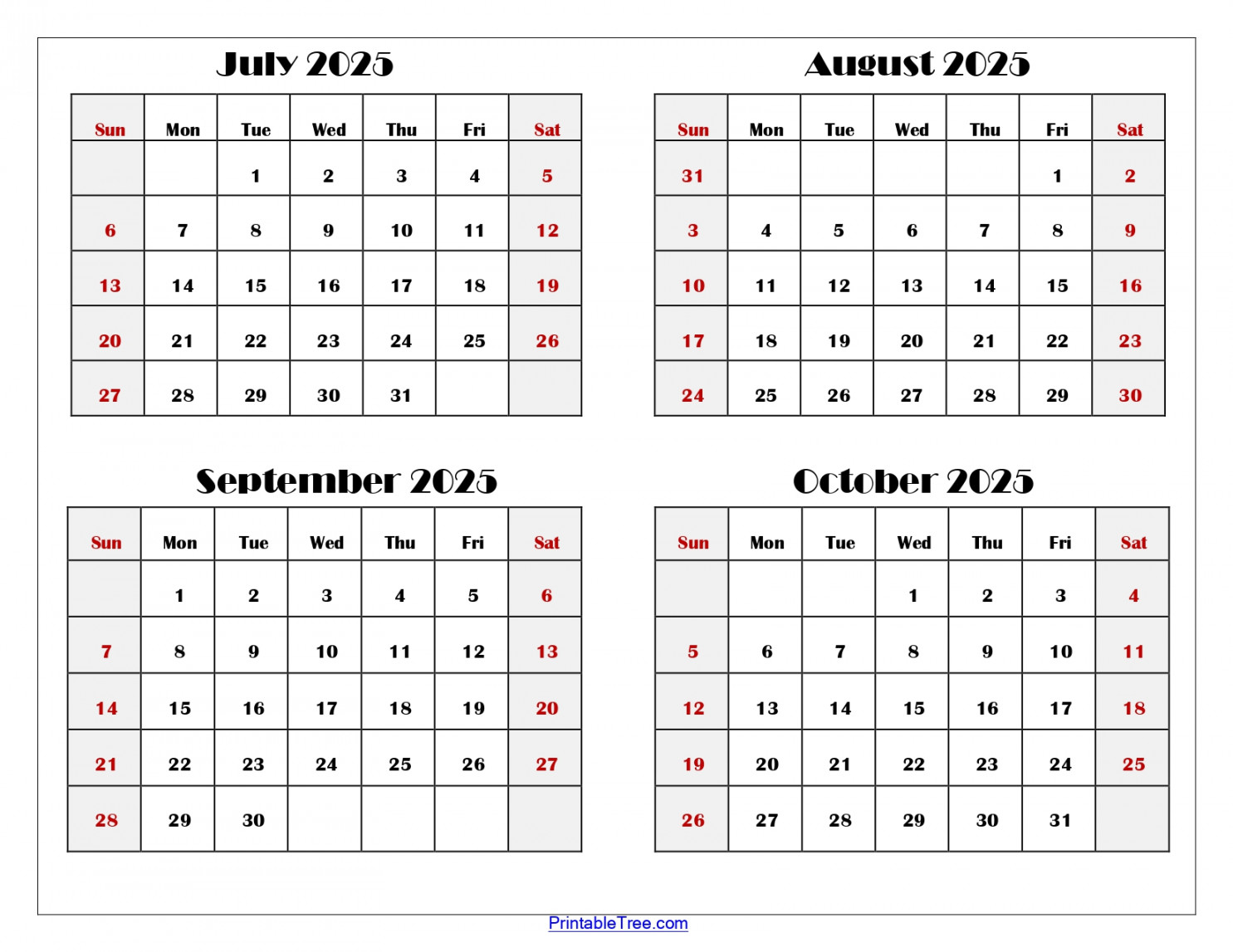 July to October  Calendar Printable PDF  Four Months Calendar