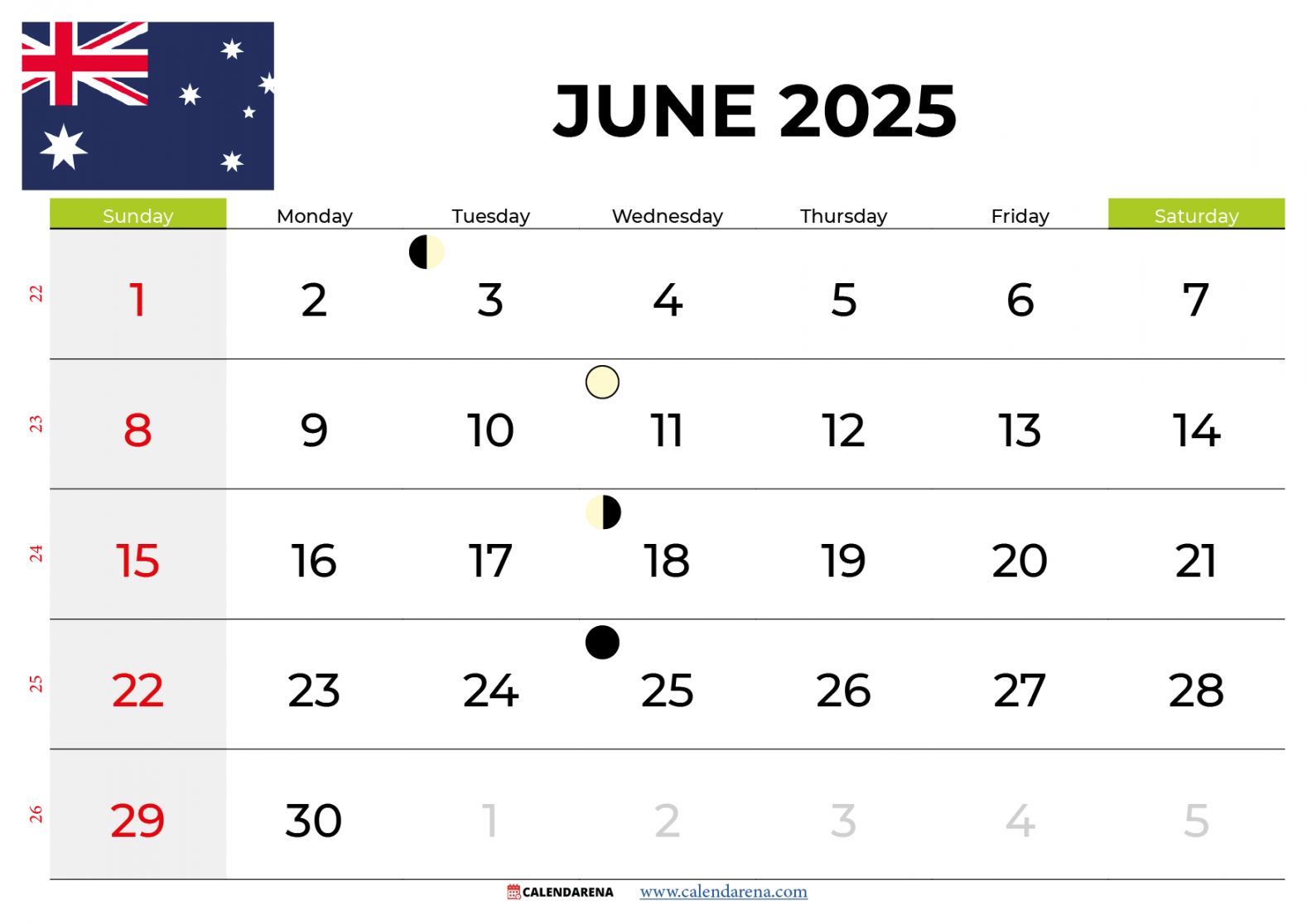 June  Calendar Australia with holidays