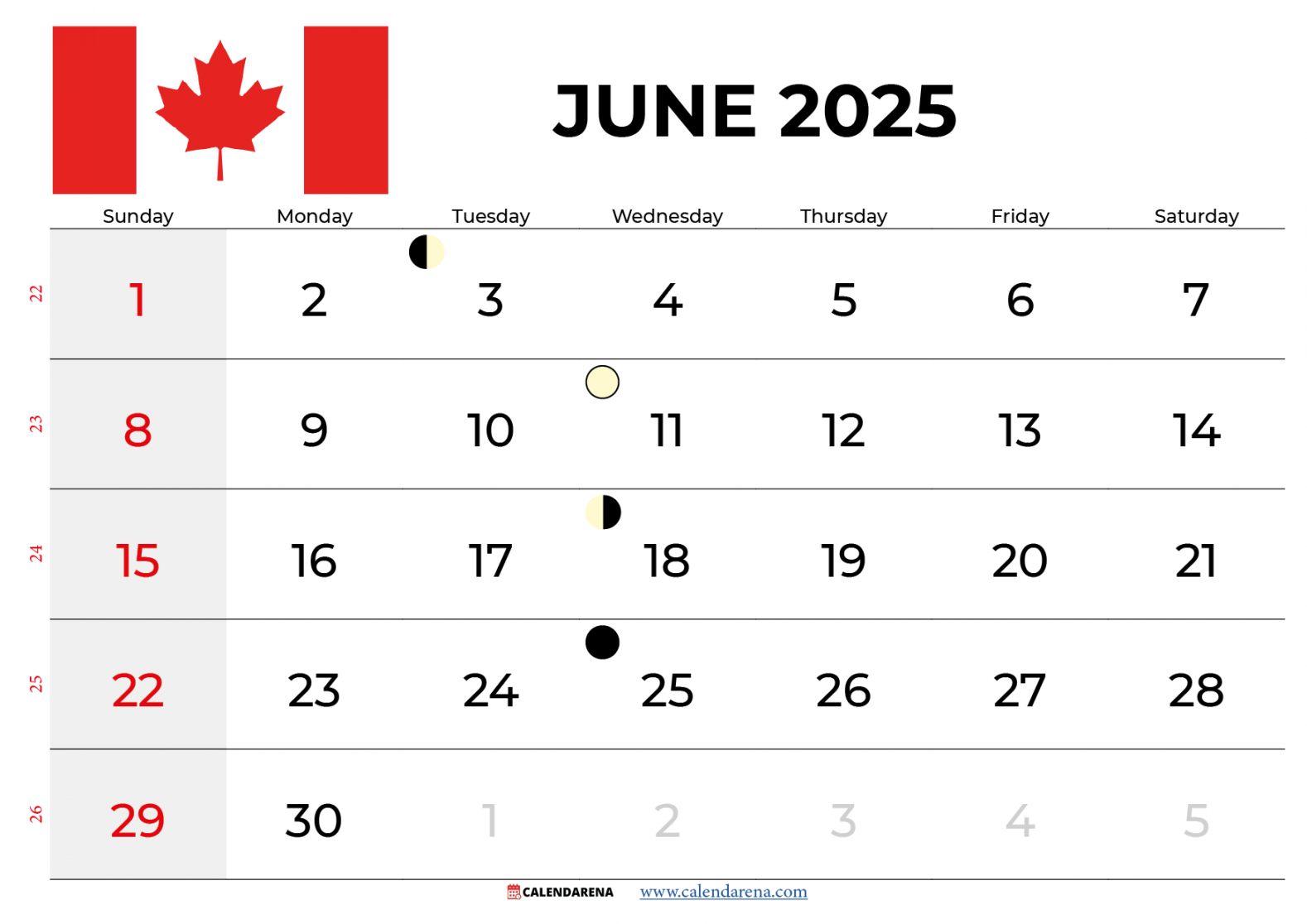 June  Calendar Canada with holidays