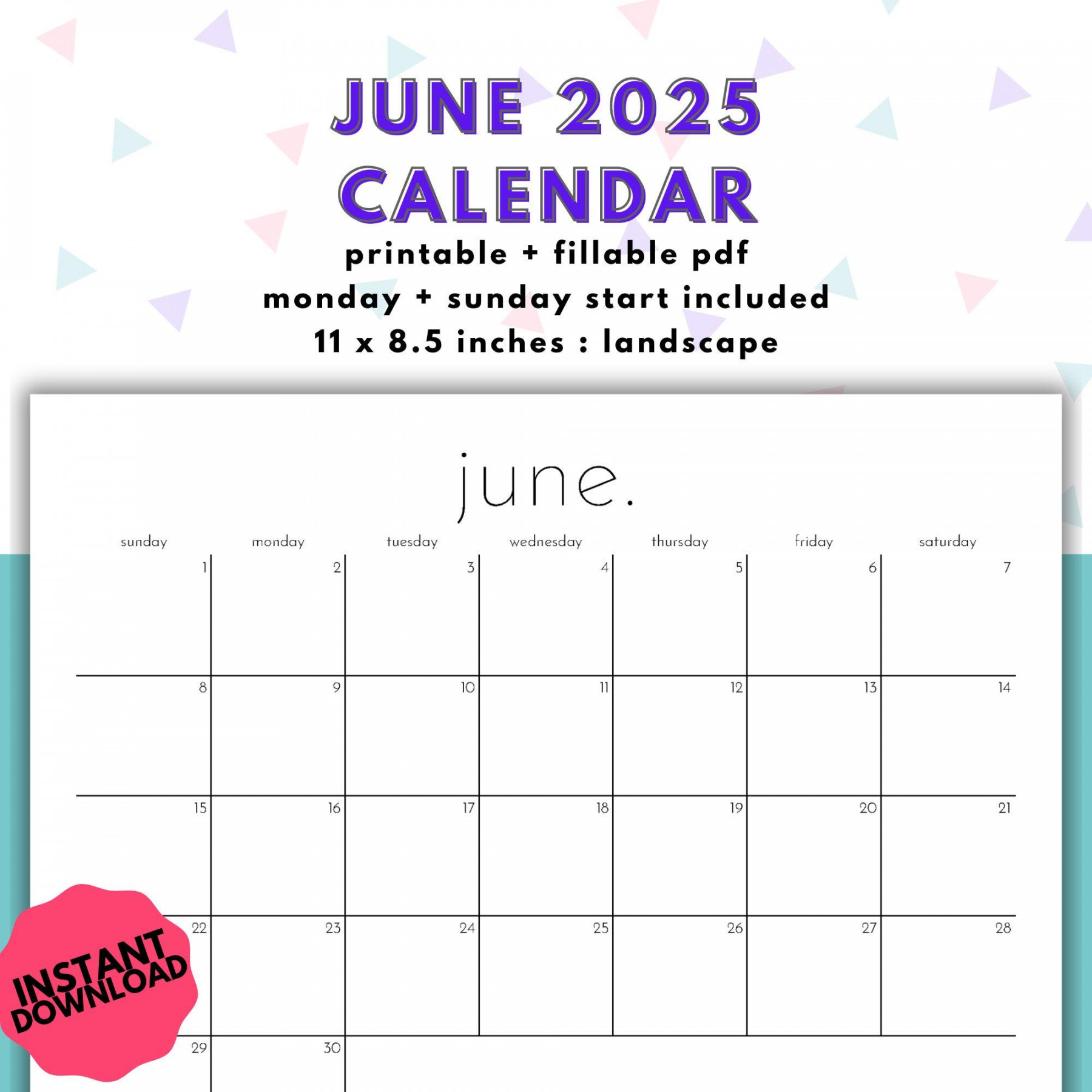 June  Calendar, Printable, Digital, Fillable With Sunday