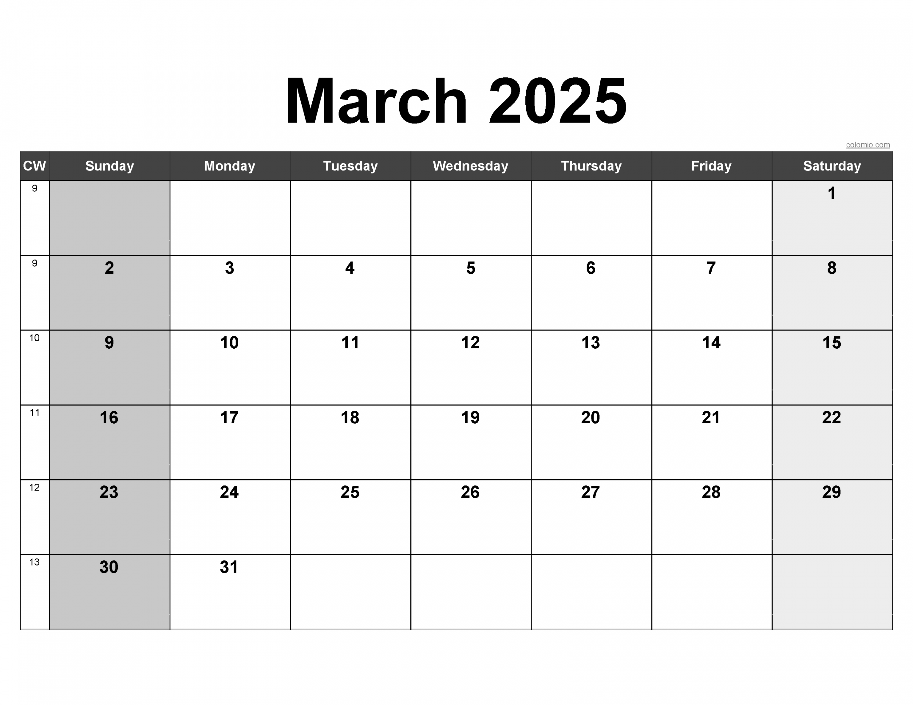 March  Calendar  Free Printable PDF, XLS and PNG