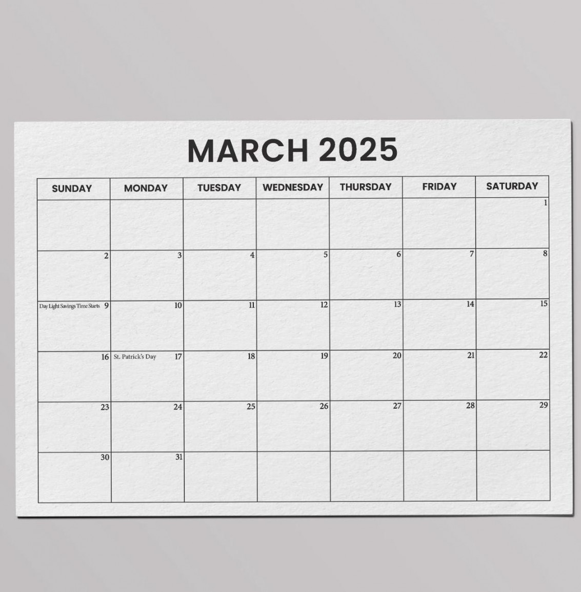 March  Calendar With Holidays, Sunday & Monday Start, Minimal