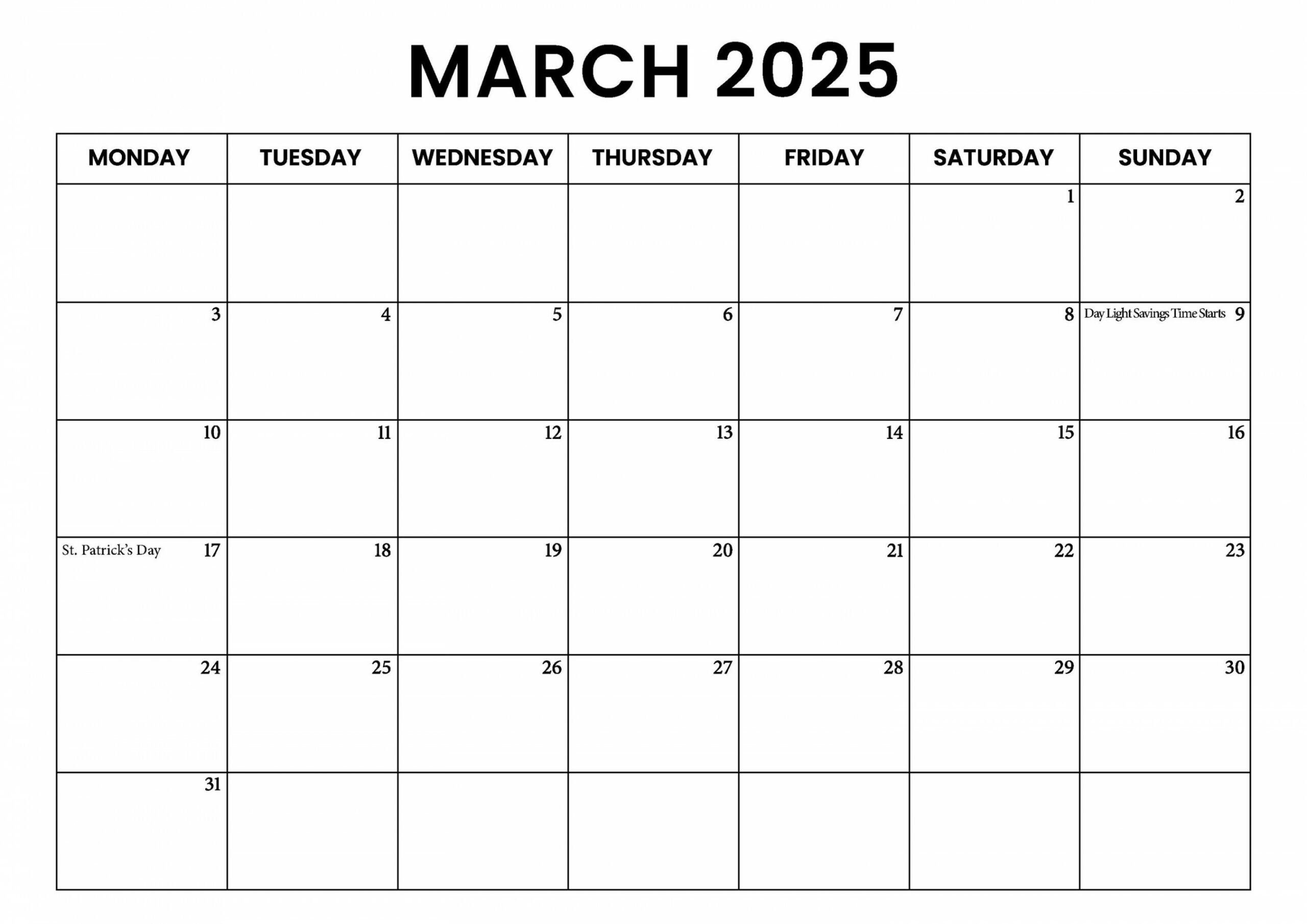 March  Calendar With Holidays, Sunday & Monday Start, Minimal