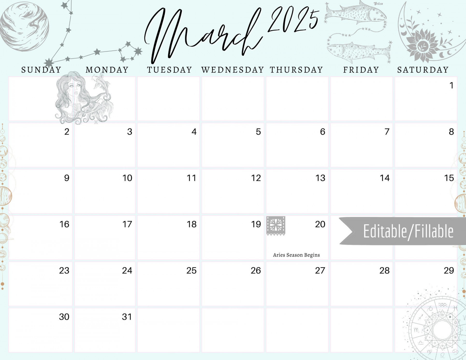 March  Digital Calendar Pisces Astrology Planner Editable