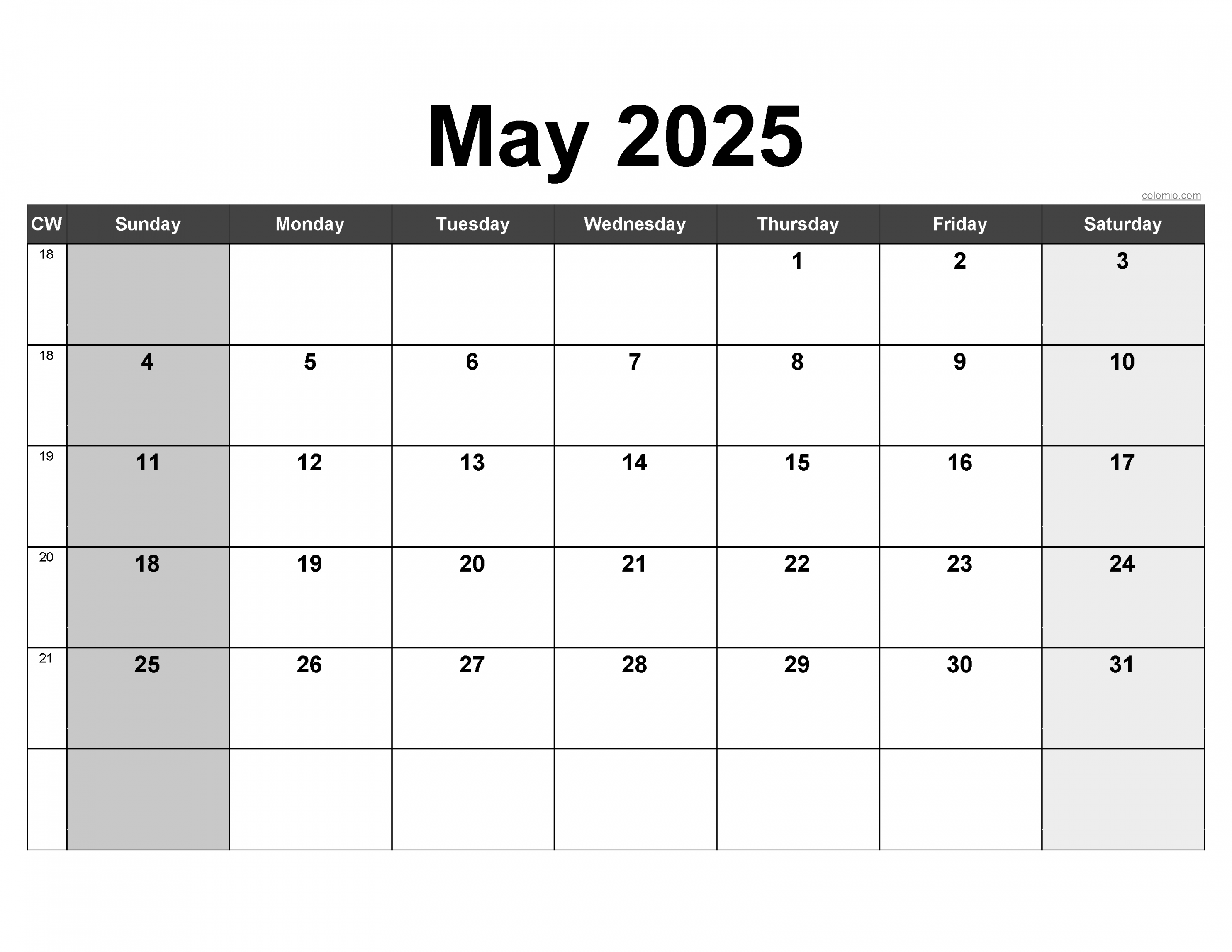 May Calendar   Free Printable PDF, XLS and PNG