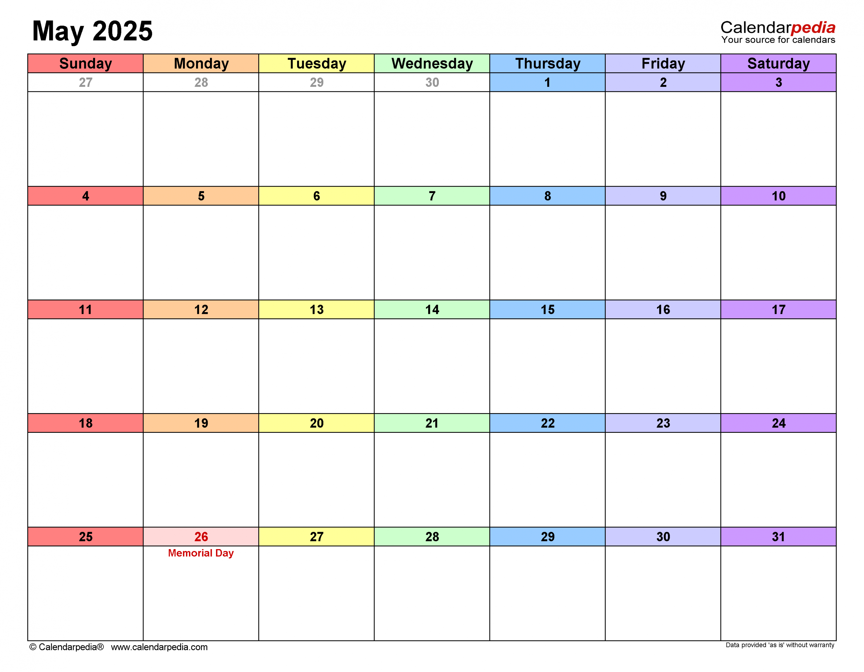 May  Calendar  Templates for Word, Excel and PDF