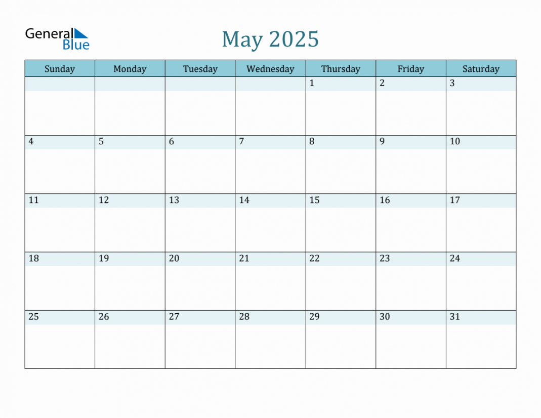 May  Monthly Calendar Template (Sunday Start)