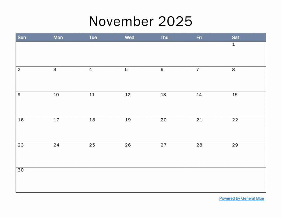 Monthly Calendar Template for November