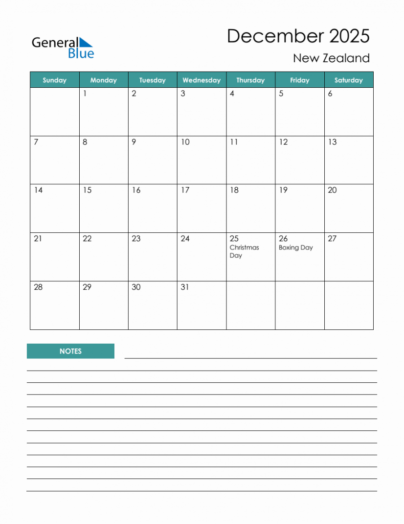 Monthly Planner with New Zealand Holidays - December