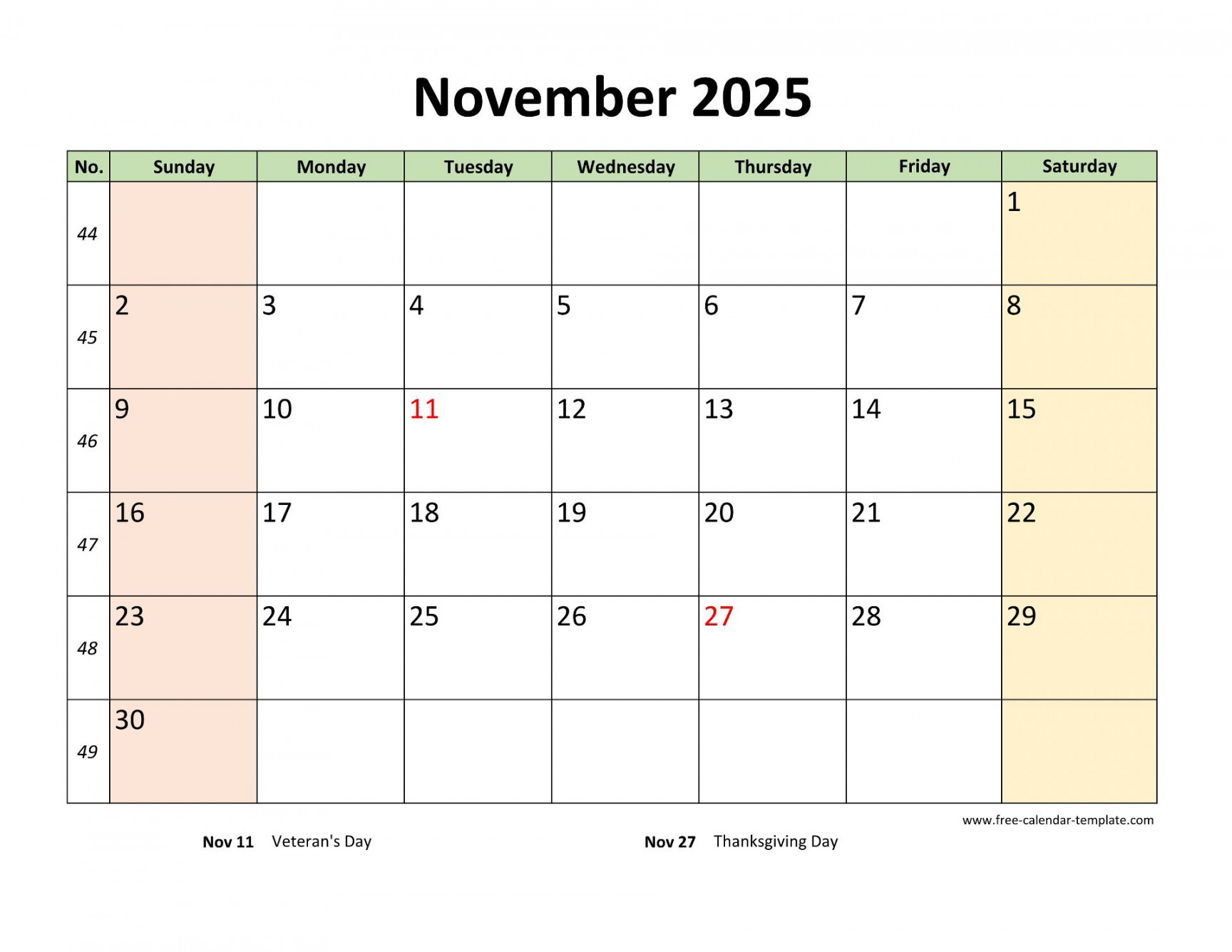 November  Calendar Printable with coloring on weekend