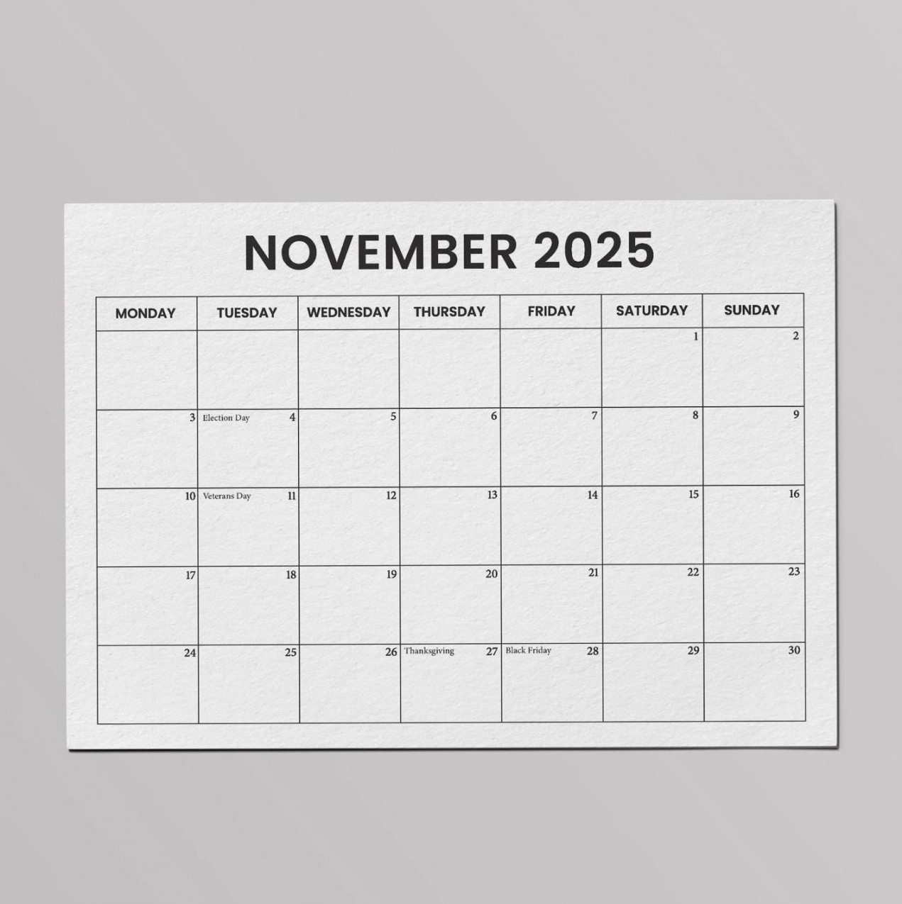 November  Calendar With Holidays, Sunday & Monday Start