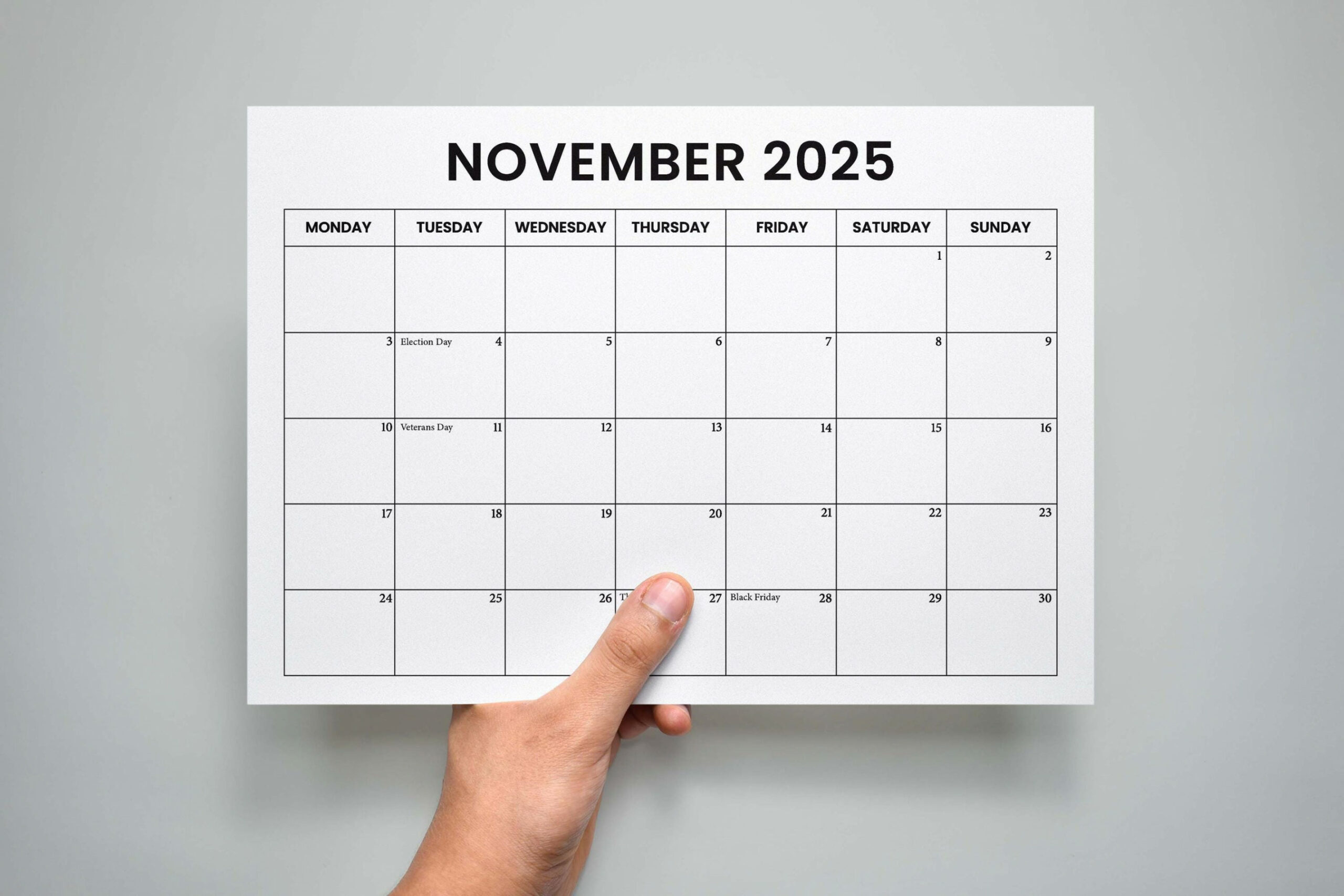 November  Calendar With Holidays, Sunday & Monday Start