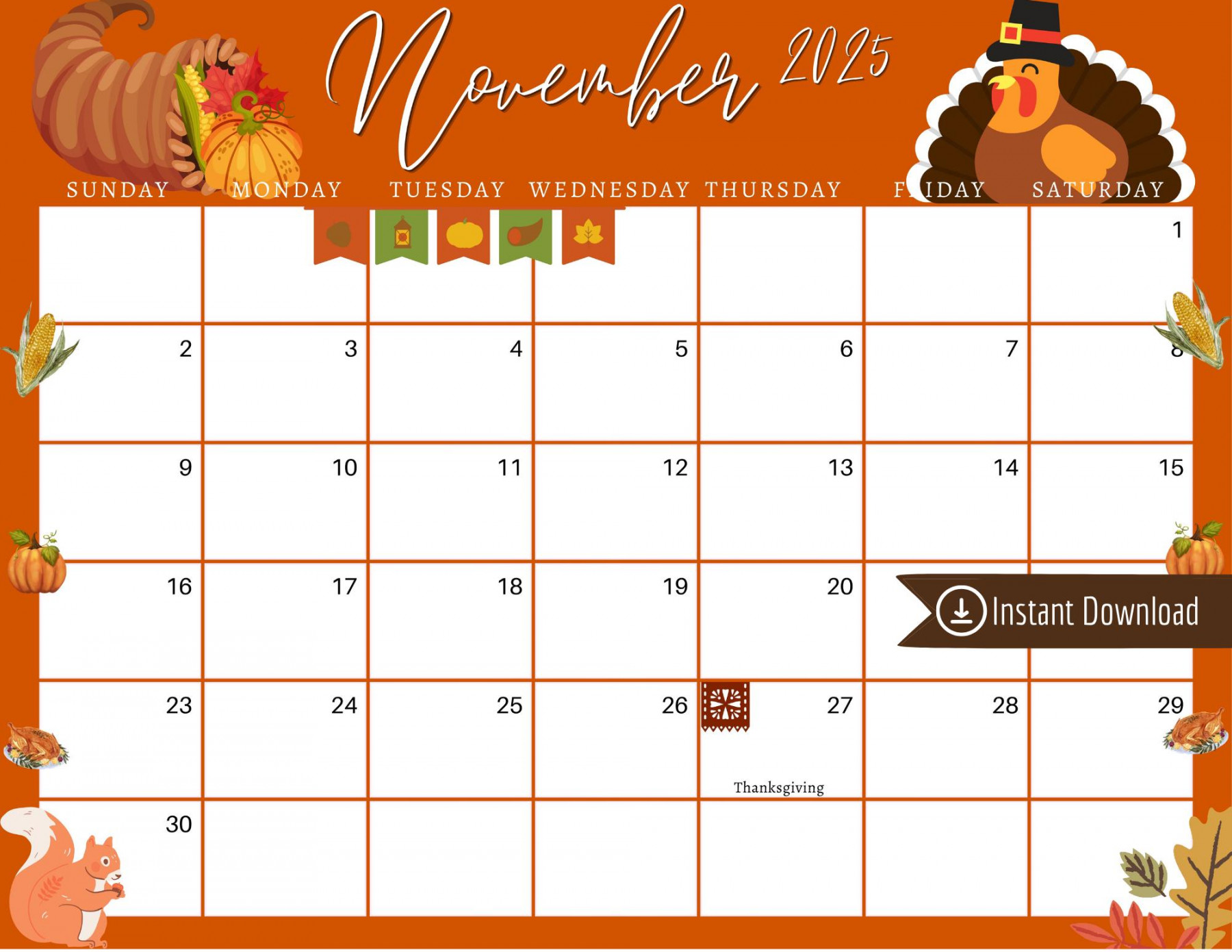 November  Digital Calendar Orange Thanksgiving Planner