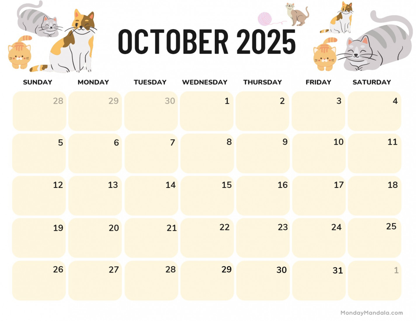 October  Calendar ( Free PDF Printables)