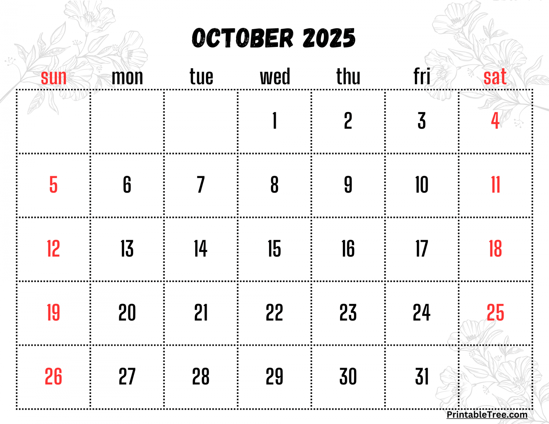 October  Calendar Printable PDF Template with Holidays