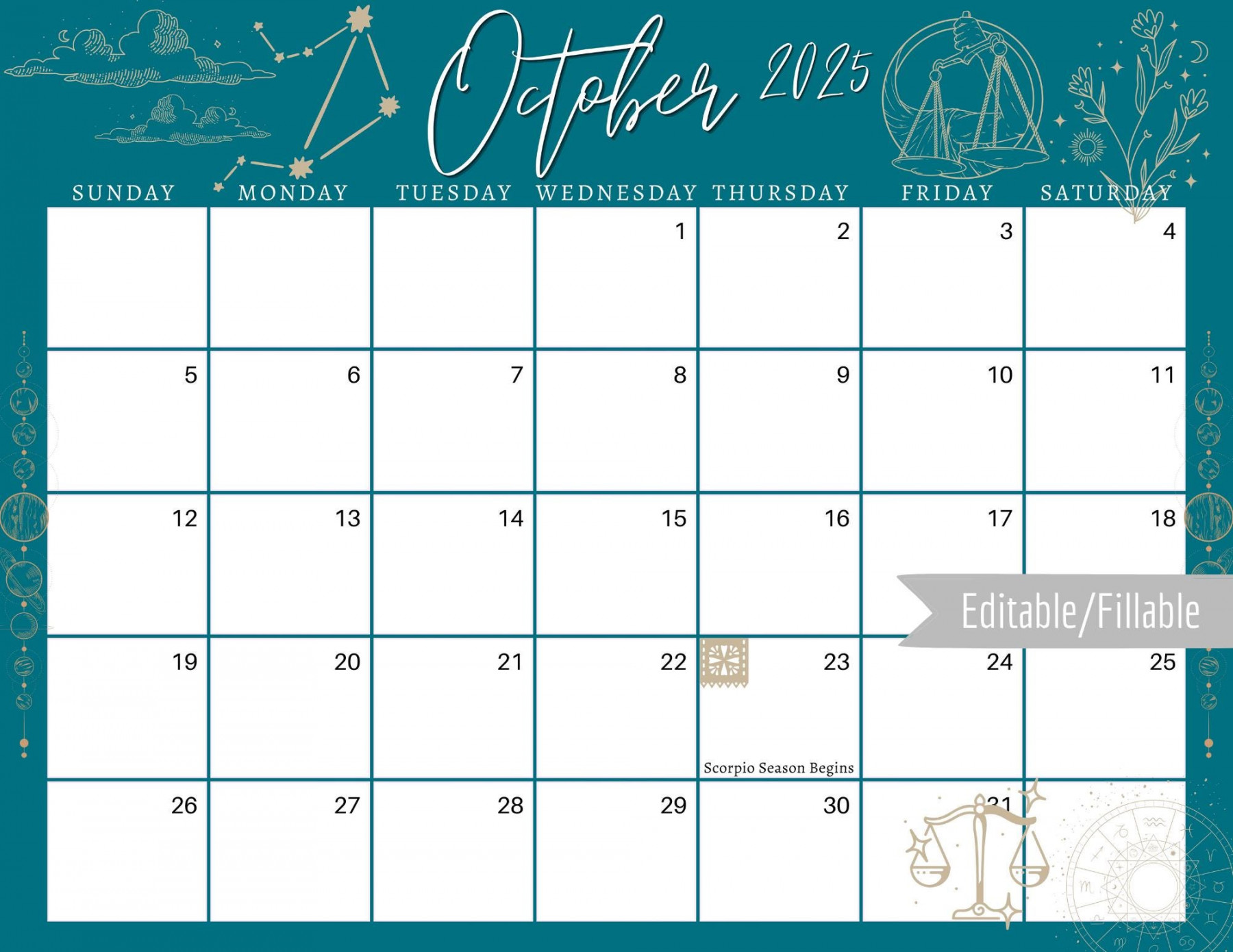 October  Digital Calendar Teal Libra Astrology Planner