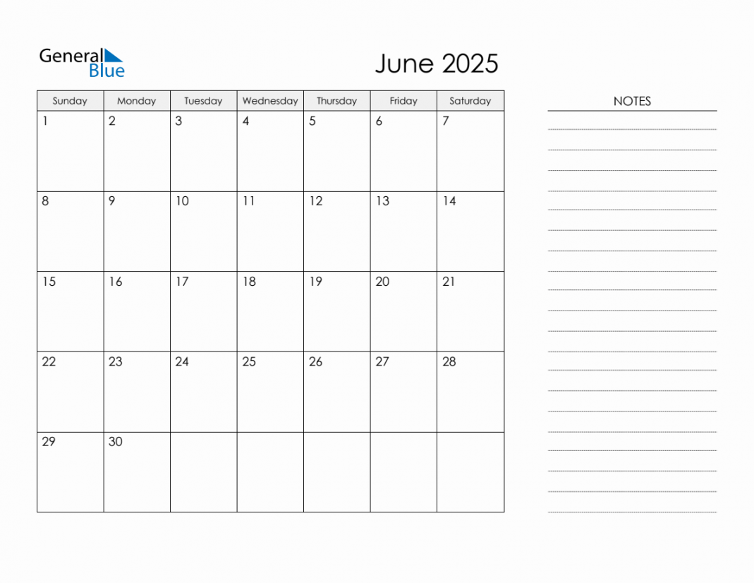 Printable Monthly Calendar with Notes - June