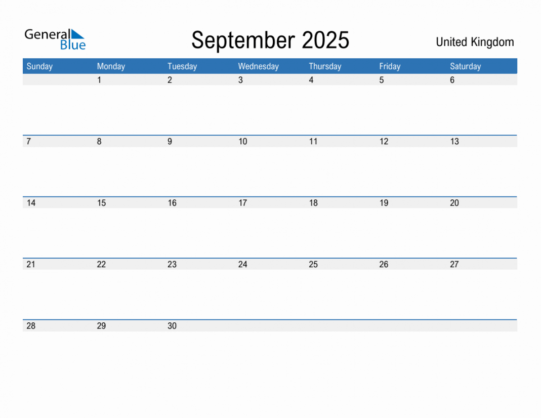 September  Monthly Calendar with United Kingdom Holidays