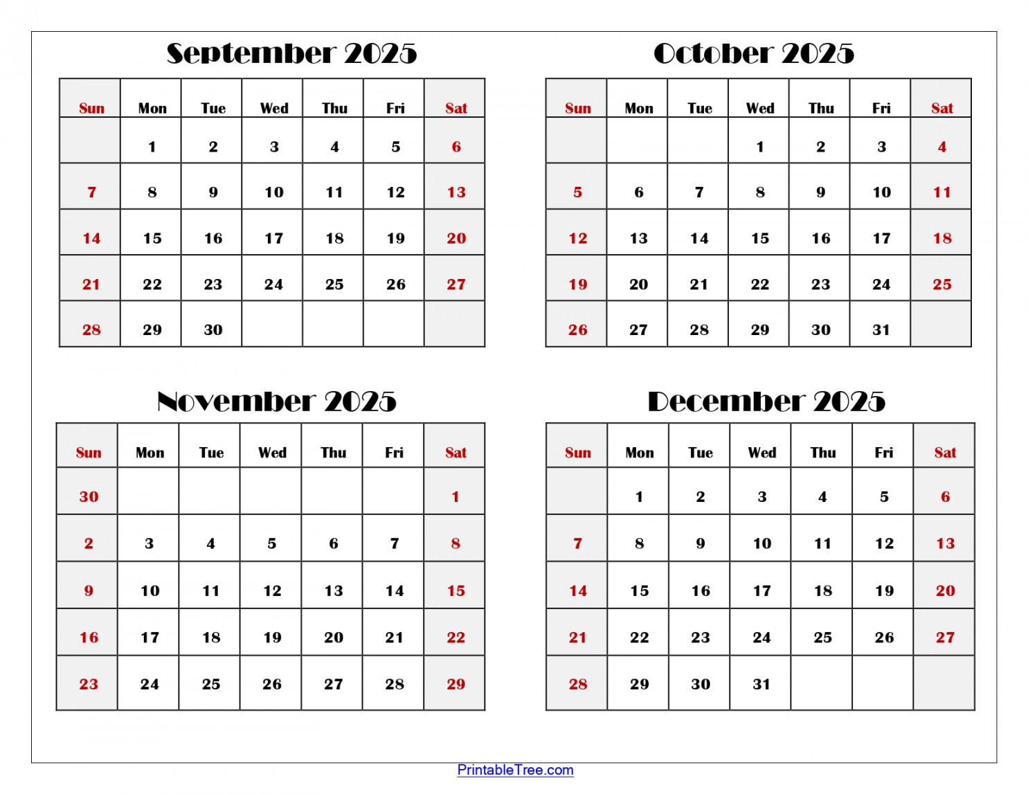 September to December  Calendar Printable PDF  Four Months