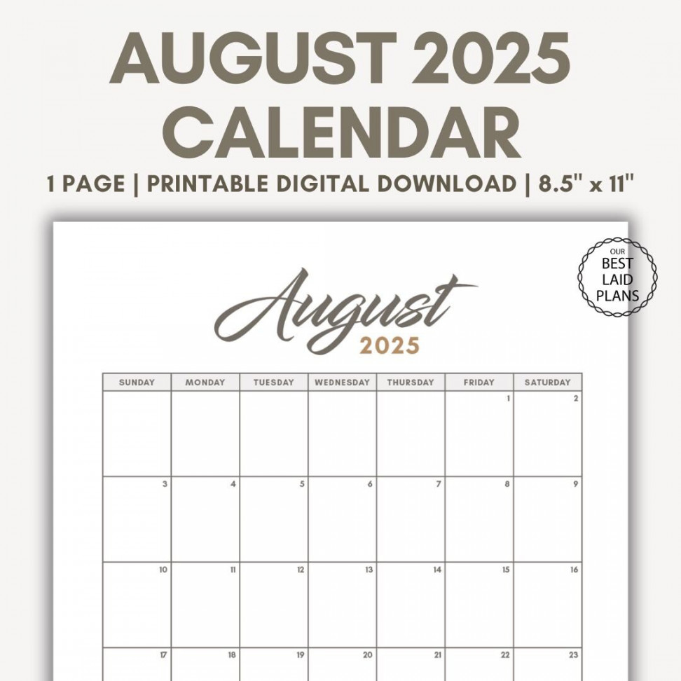 August  Calendar Printable Download August  Printable PDF August  Calendar  Portrait Blank Minimalist Calendar August Month  - Etsy