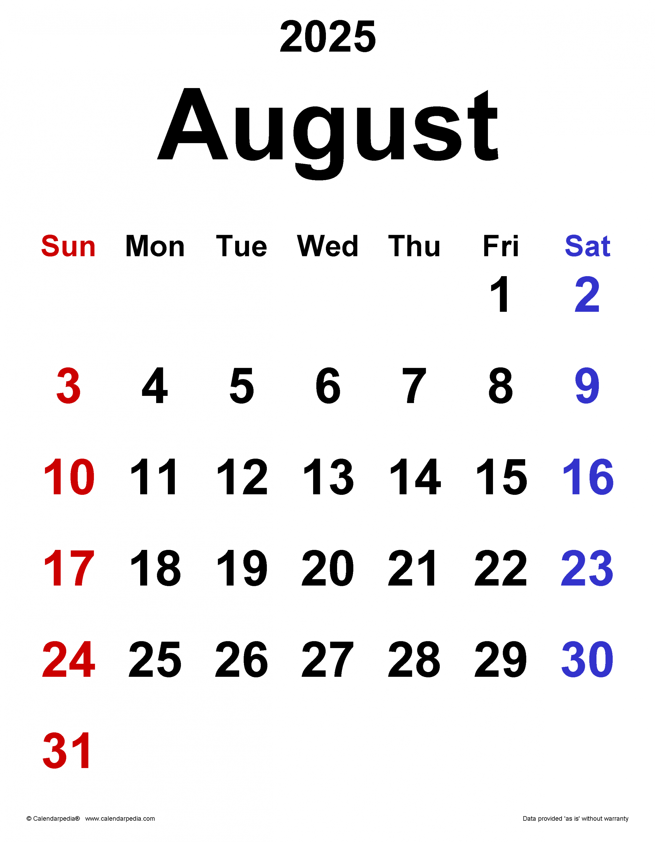 August  Calendar  Templates for Word, Excel and PDF