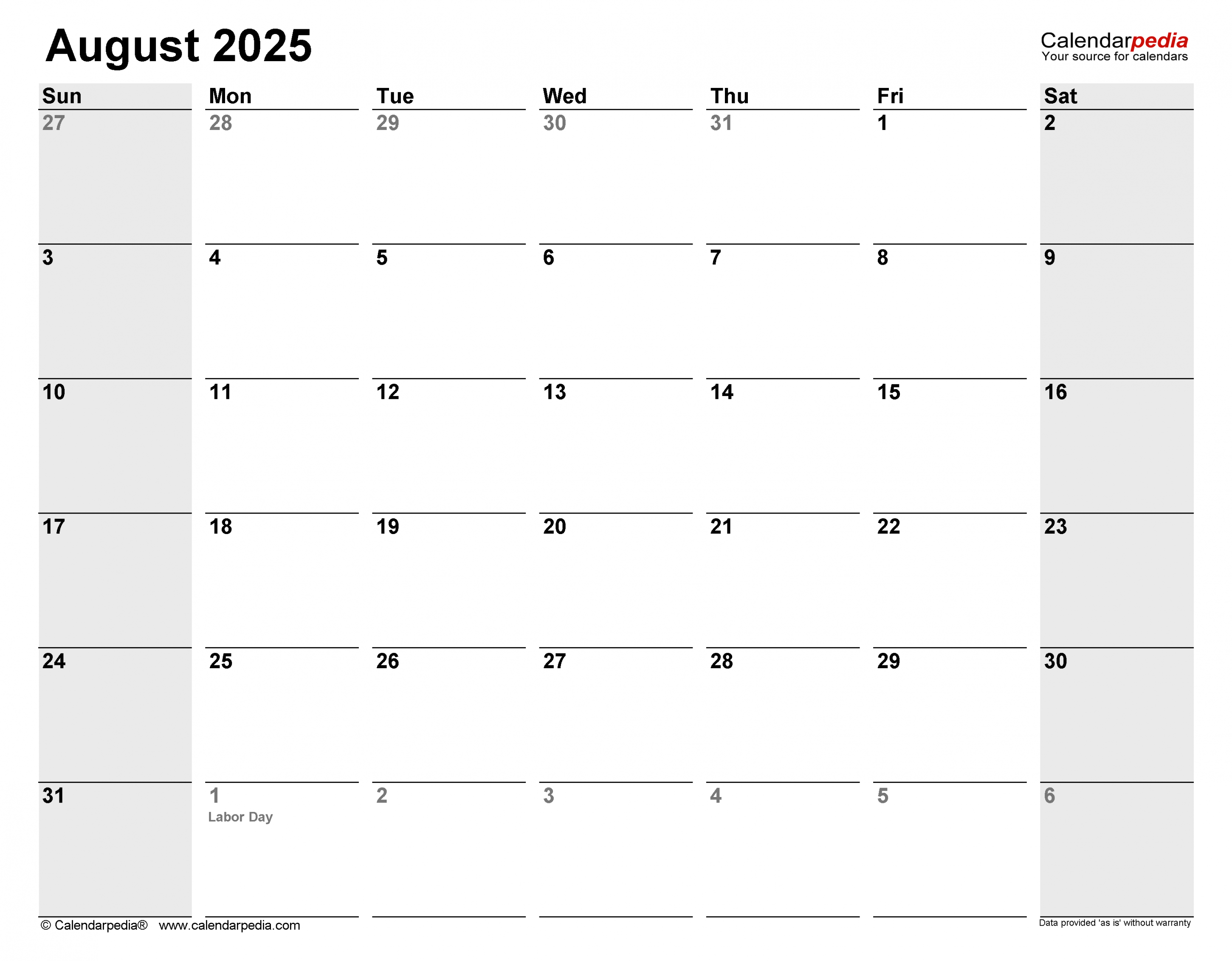 August  Calendar  Templates for Word, Excel and PDF